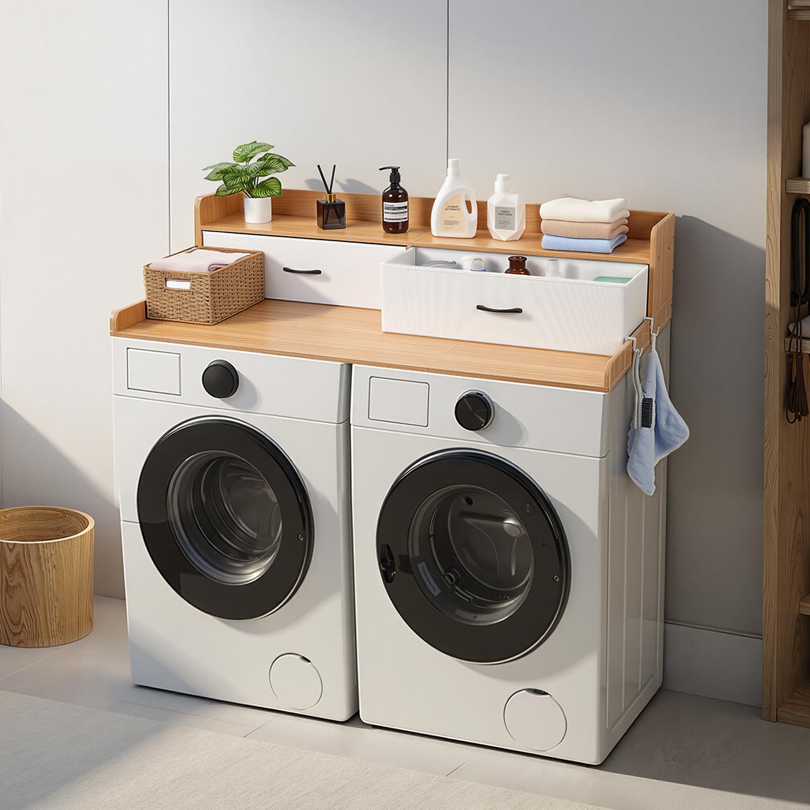 VEVOR Piano di Lavoro per Lavatrice e Asciugatrice con Ripiano 137 x 69,9 cm, Piano d'Appoggio con 2 Cassetti Integrati e 2 Ganci, Struttura in Legno per Zona Lavanderia con Ampia Superficie di Lavoro