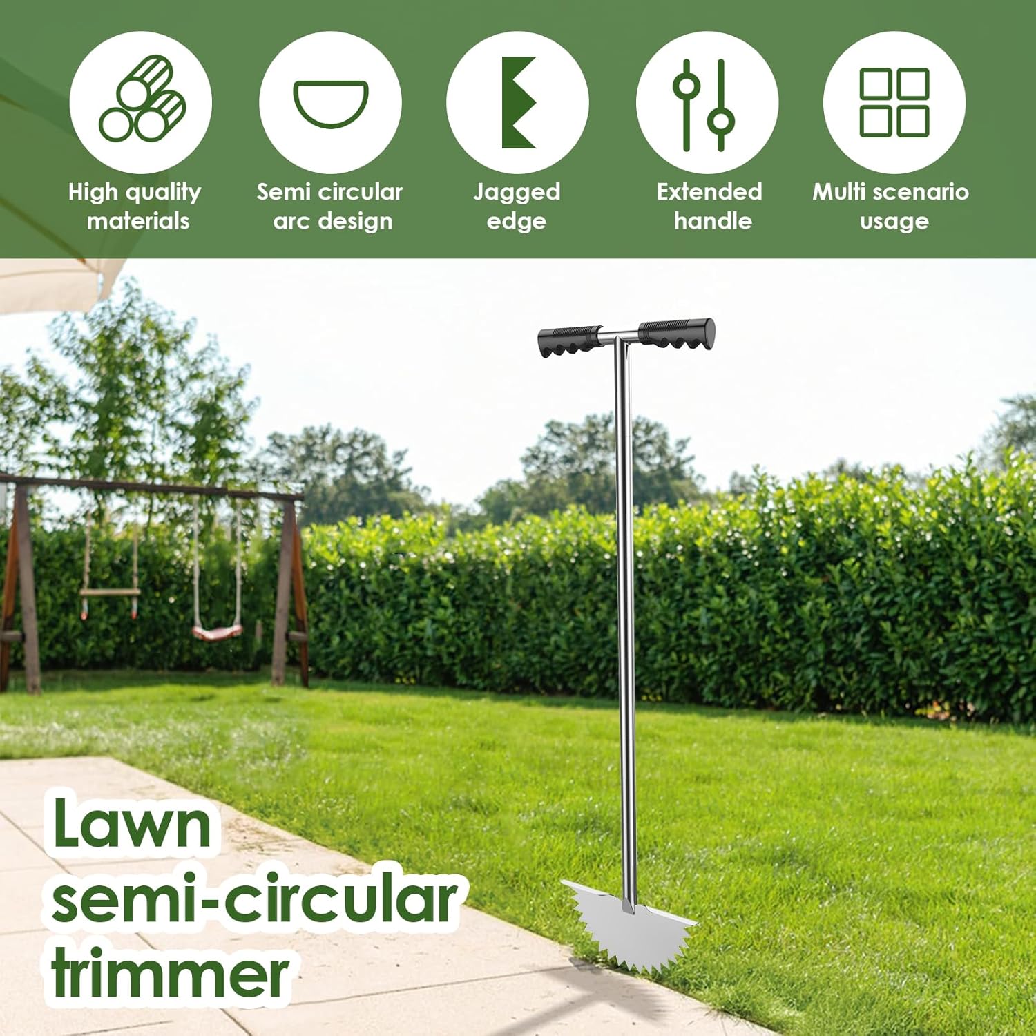 Edger Lawn Tool Half Moon Manual Lawn Edger Stainless Steel Sawtooth Border Edger Long Handled Trimming Shovel Multipurpose Edging Tool for Lawns Garden Flower Beds Driveways Sideways