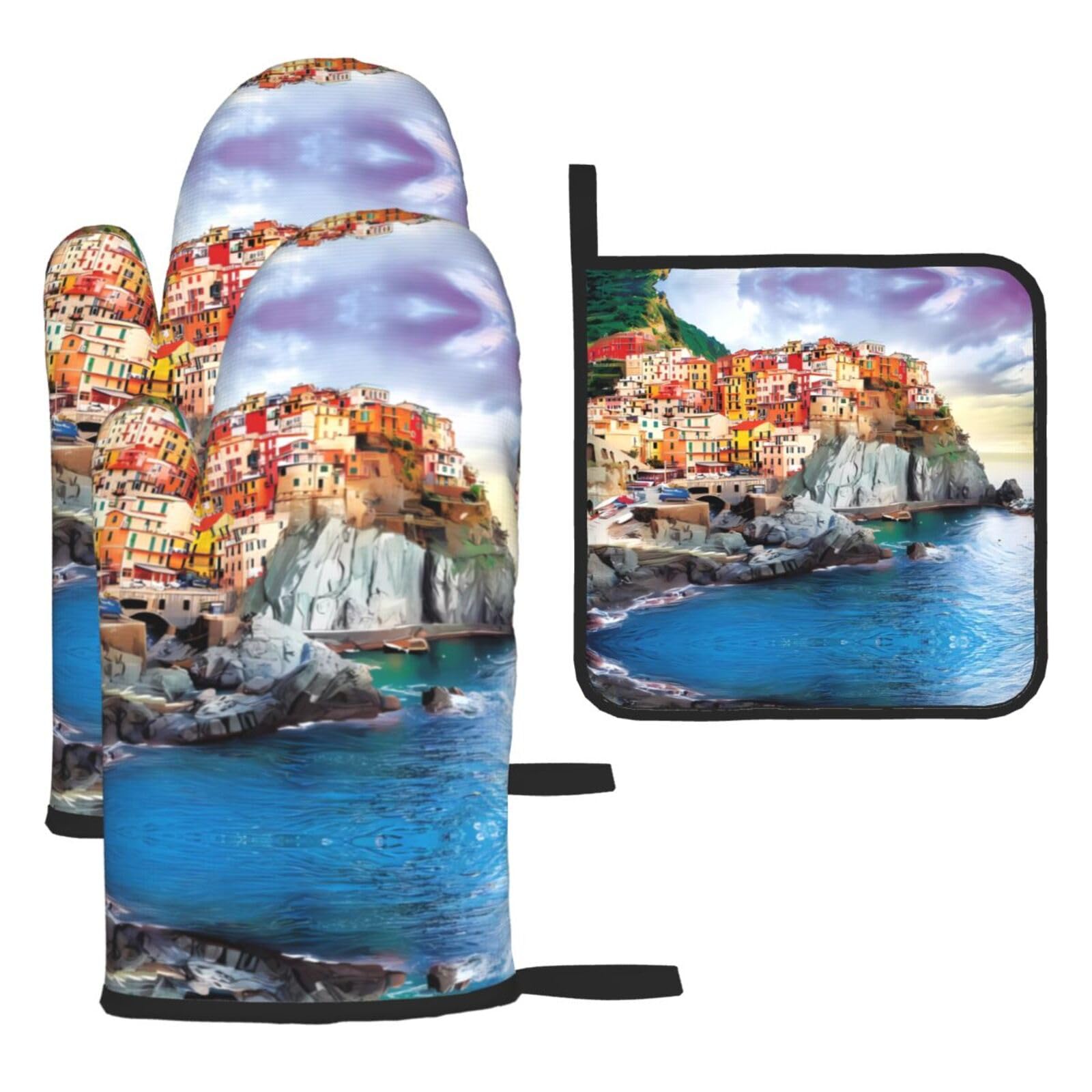 Cinque Terre scenery Printed Kitchen Oven Mitt Set 3-Piece Heat Resistant Gloves with Pot Holder Mat for Cooking Baking BBQ