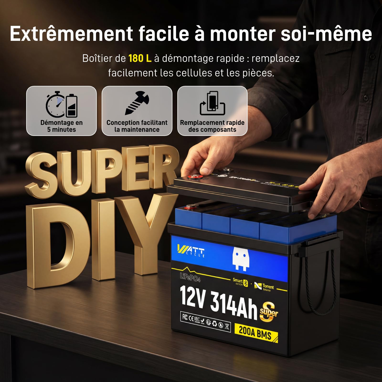 Batterie Lithium 12V 314Ah LiFePO4 Bluetooth avec Protection de 200A BMS