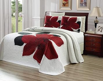 Grand Linen 3-Piece Fine Printed Oversize 100" X 95" Quilt Set Reversible Bedspread Coverlet Full/Queen Size Bed Cover Burgundy Red, Black, White, Floral