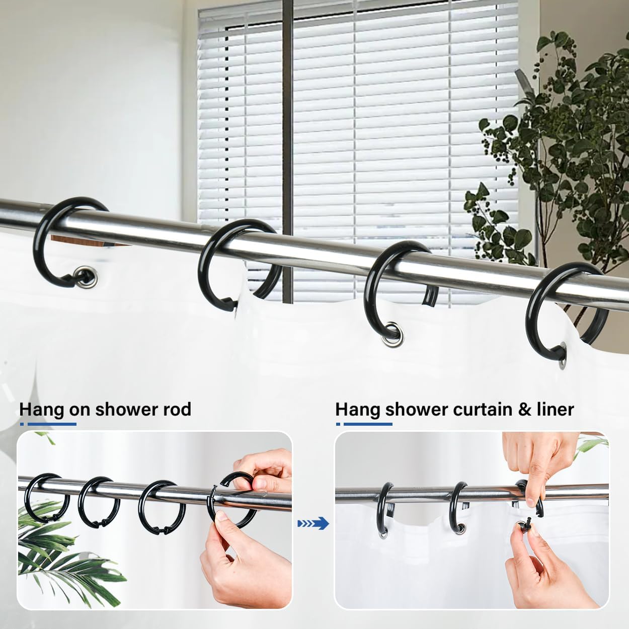 Kutesna 24PCS Shower Curtain Hooks,Black Shower Curtain Rings