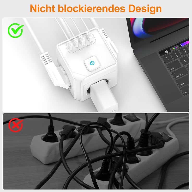 Cub prelungitor EROIZNY cu 3 prize, încărcător USB-C cu 2 porturi USB-C și 2 porturi USB-A, cu întrerupător, cablu de 2 m, ștecher plat magnetic, alb, pentru telefoane