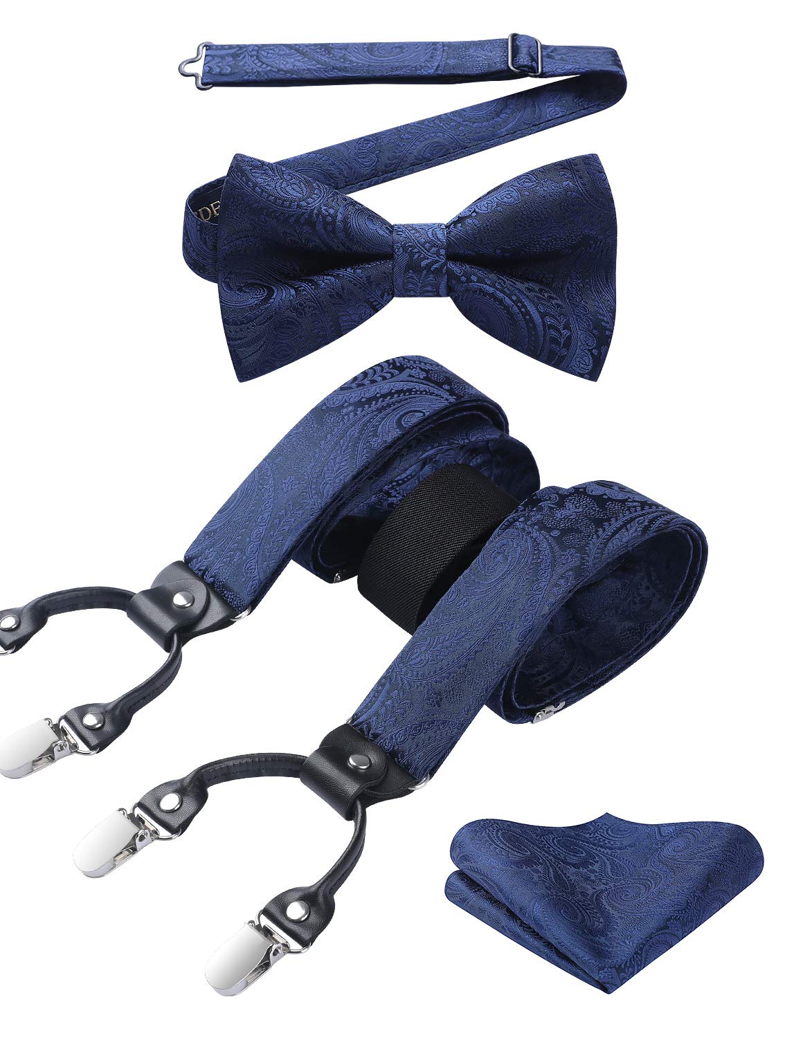 HISDERN Bretelles Homme avec 6 Clips Extra Résistants Élastique en Forme de Y Longueur Réglable Bretelle et Pre-Noue Noeud Papillon Poche Carre Ensemble Homme Pour Fête Mariage