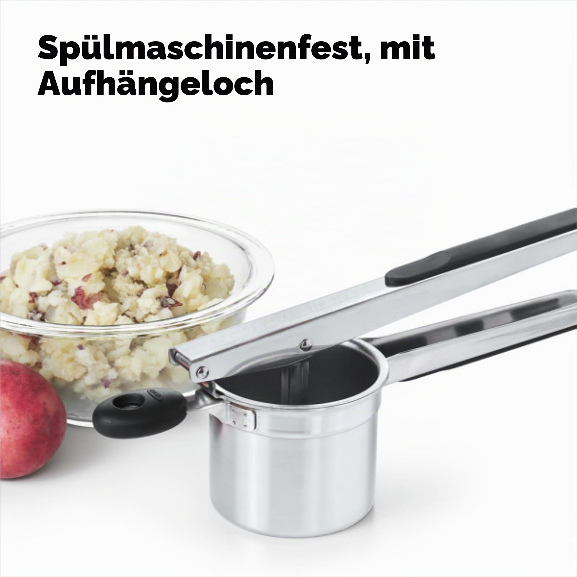OXO Good Grips Kartoffelpresse | Edelstahl-Presse für glatte, fluffige Kartoffelpüree, Weiche, rutschfeste Griffe, Stabiles Design, Spülmaschinenfest