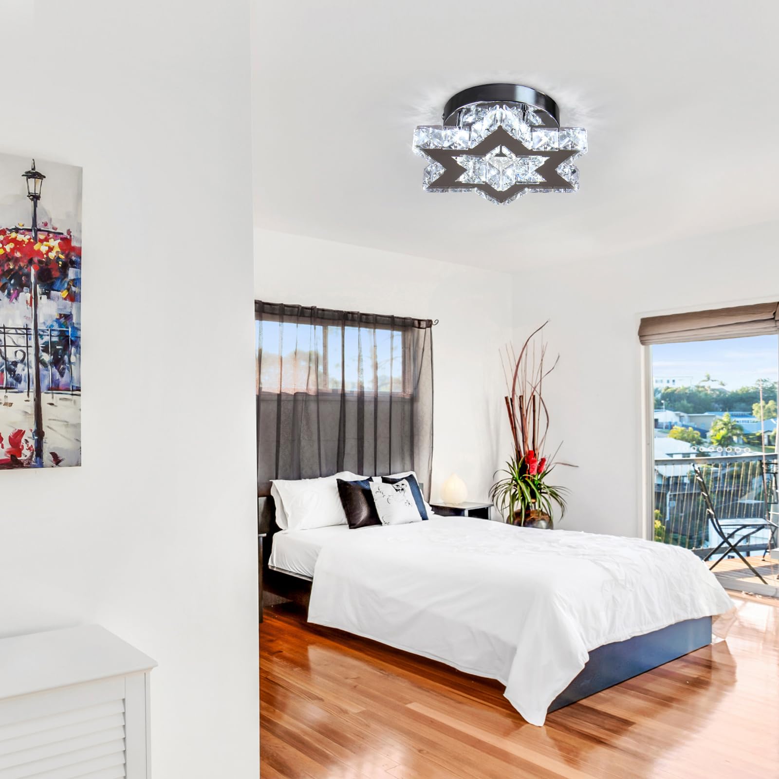 Moderne LED Kristall Kronleuchter Edelstahl Mini Deckenleuchte Stern Flush Mount Deckenleuchte für Schlafzimmer Esszimmer Flur Insel (kühles Weiß)