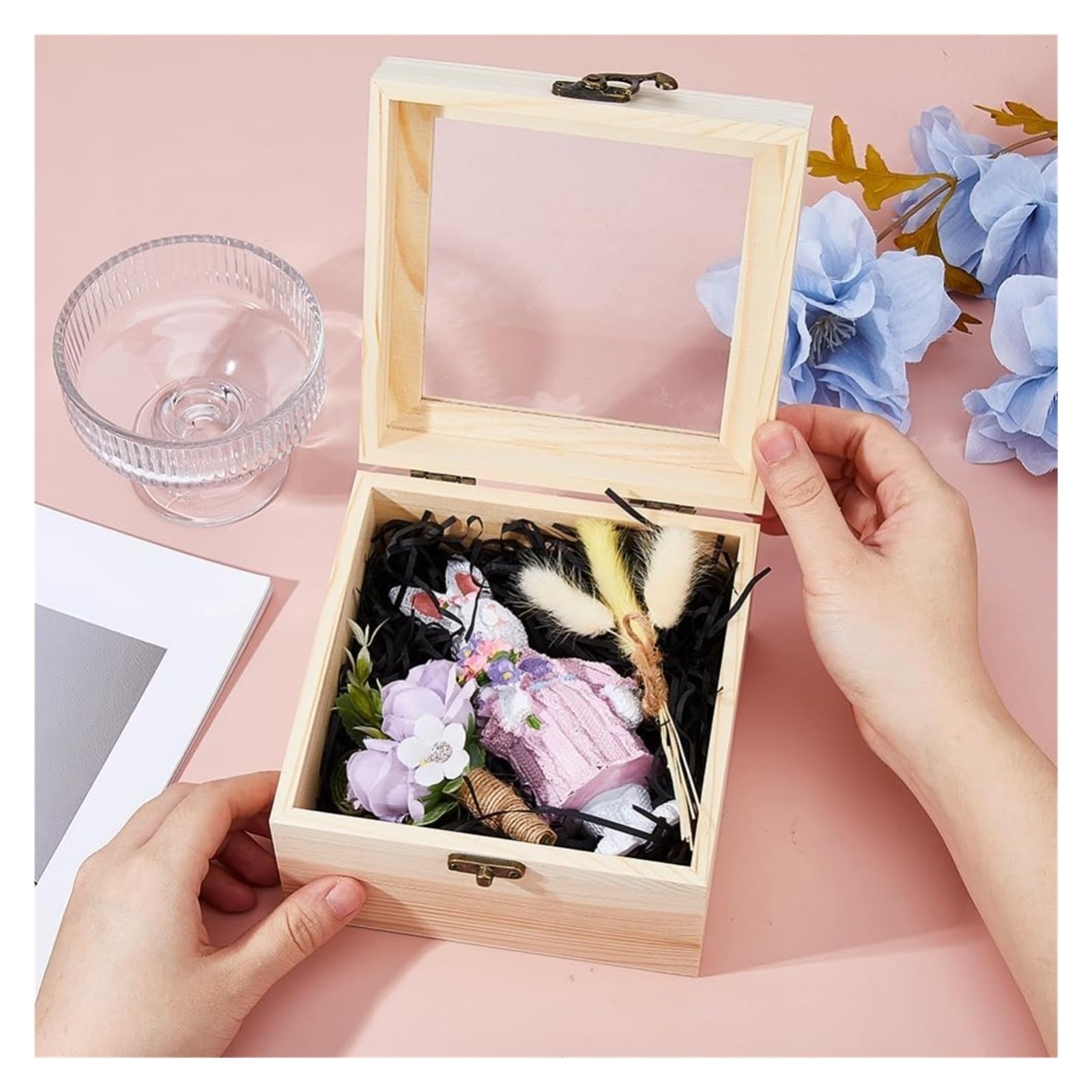 Caja de almacenamiento de madera sin tratar Caja de madera con tapa transparente, cajas pequeñas cuadradas sin terminar, caja artesanal 15x15x9,5 cm ventana for almacenamiento joyas