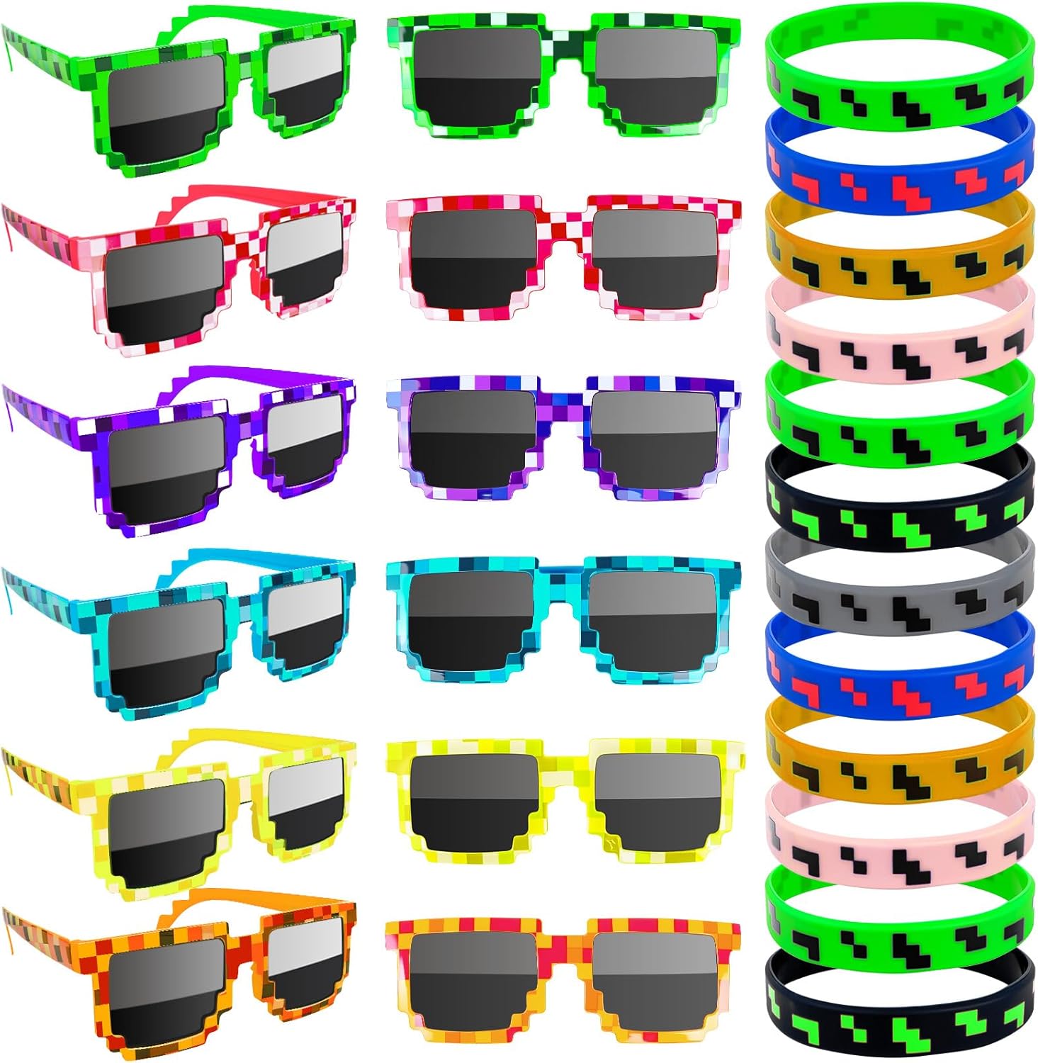 24Pack Pixel Theme Party Favors, 12 Sunglasses and 12 Bracelets for Kids Adults Birthday Party Decor Daily Styling