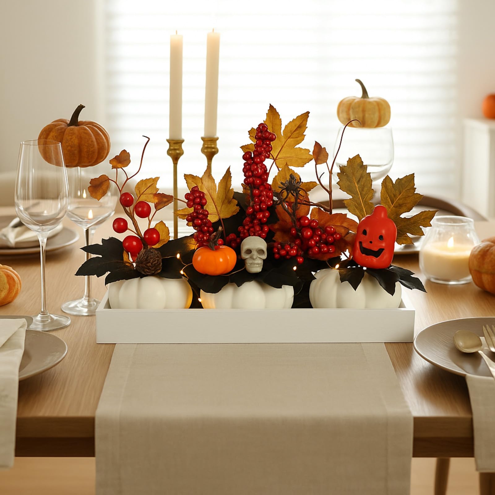 Yalikop Juego de 4 centros de mesa de calabaza de otoño con mini bandeja de madera y luz LED para cosecha, decoración del hogar, cocina, fiesta de Acción de Gracias, centro de mesa (blanco)