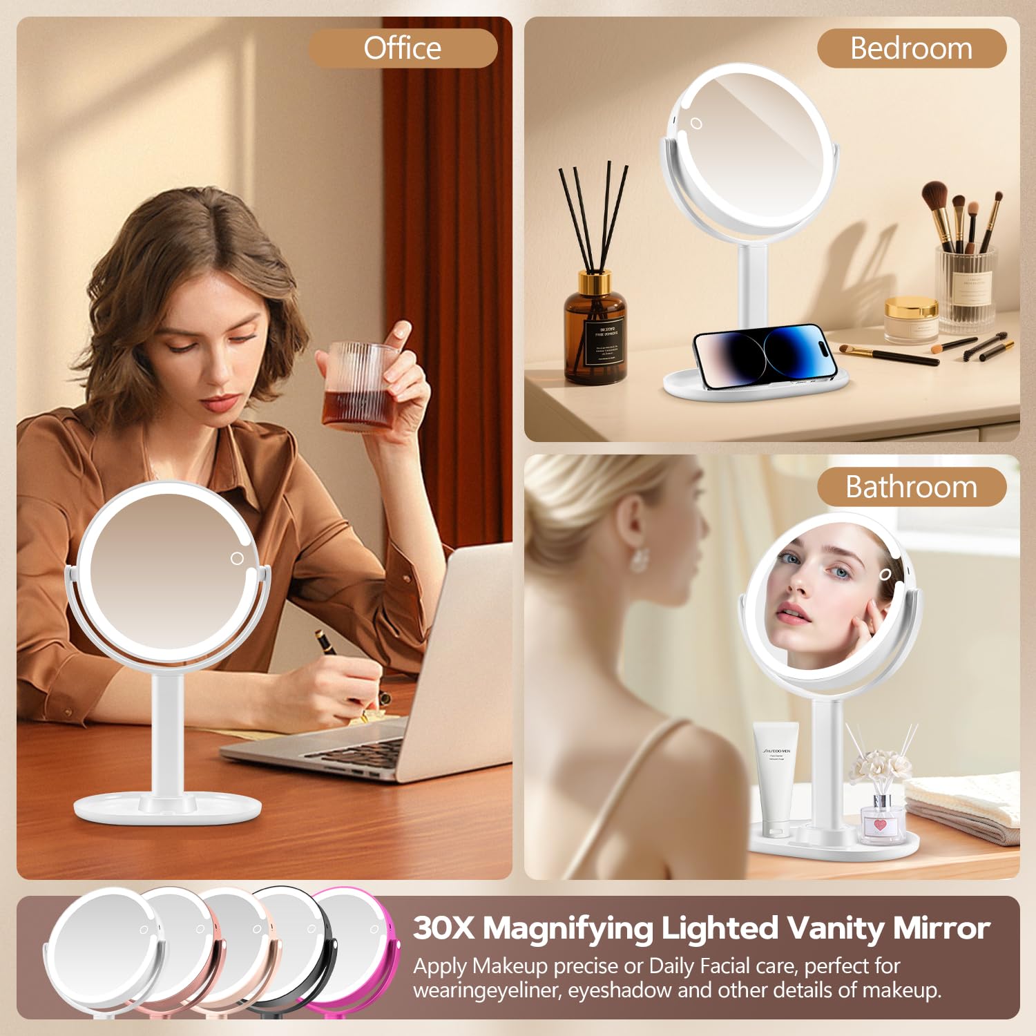 MIYADIVA Specchio per il trucco con luci, ingrandimento 30x, con interruttore su 2 lati, specchio cosmetico con 3 colori e luminosità regolabile, 80 LED, regalo ideale per il trucco quotidiano e la