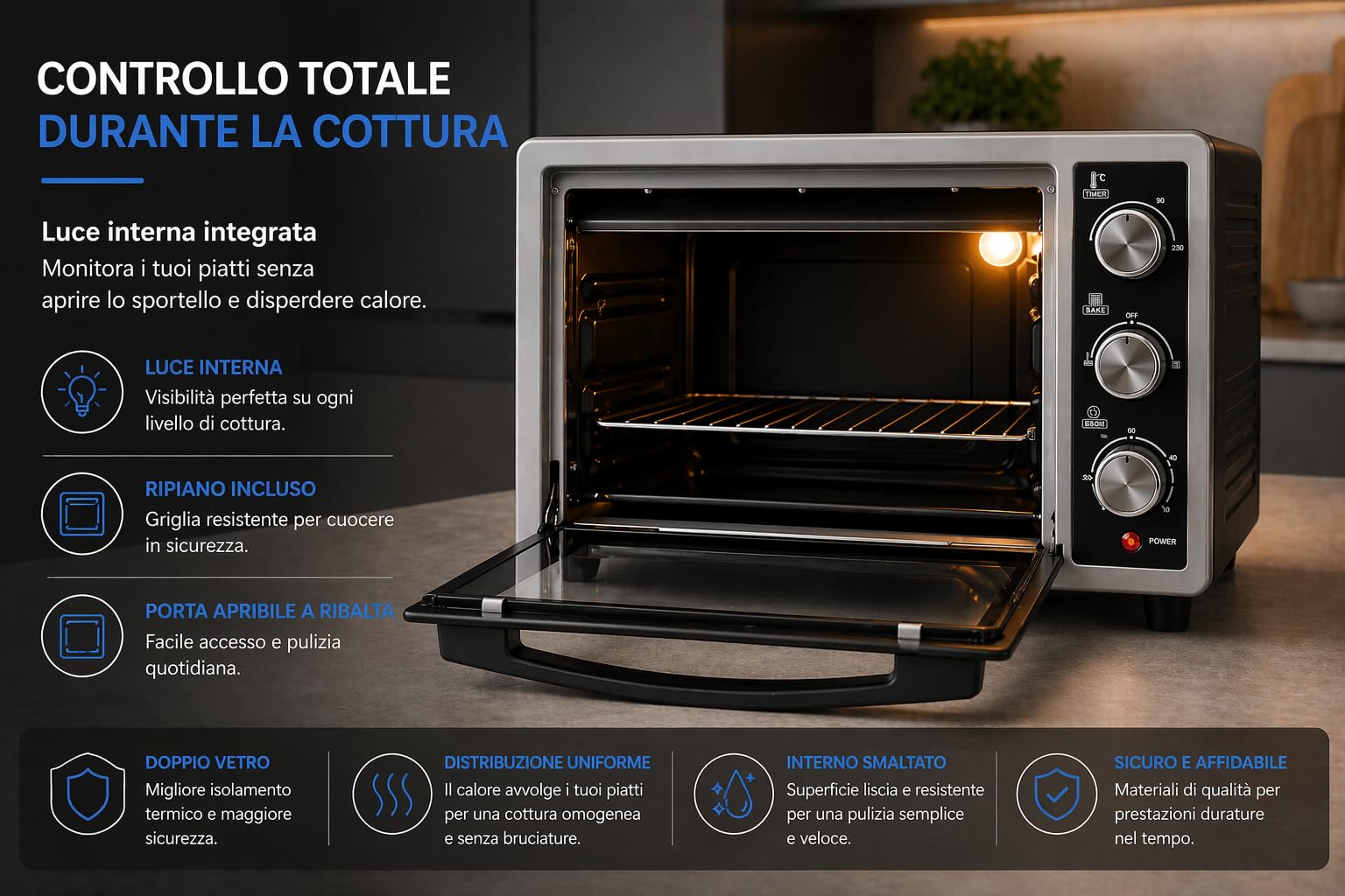Forno Elettrico Ventilato 32 Litri 6 Funzioni Cottura 90-230°C Doppio Vetro Timer 60 Min