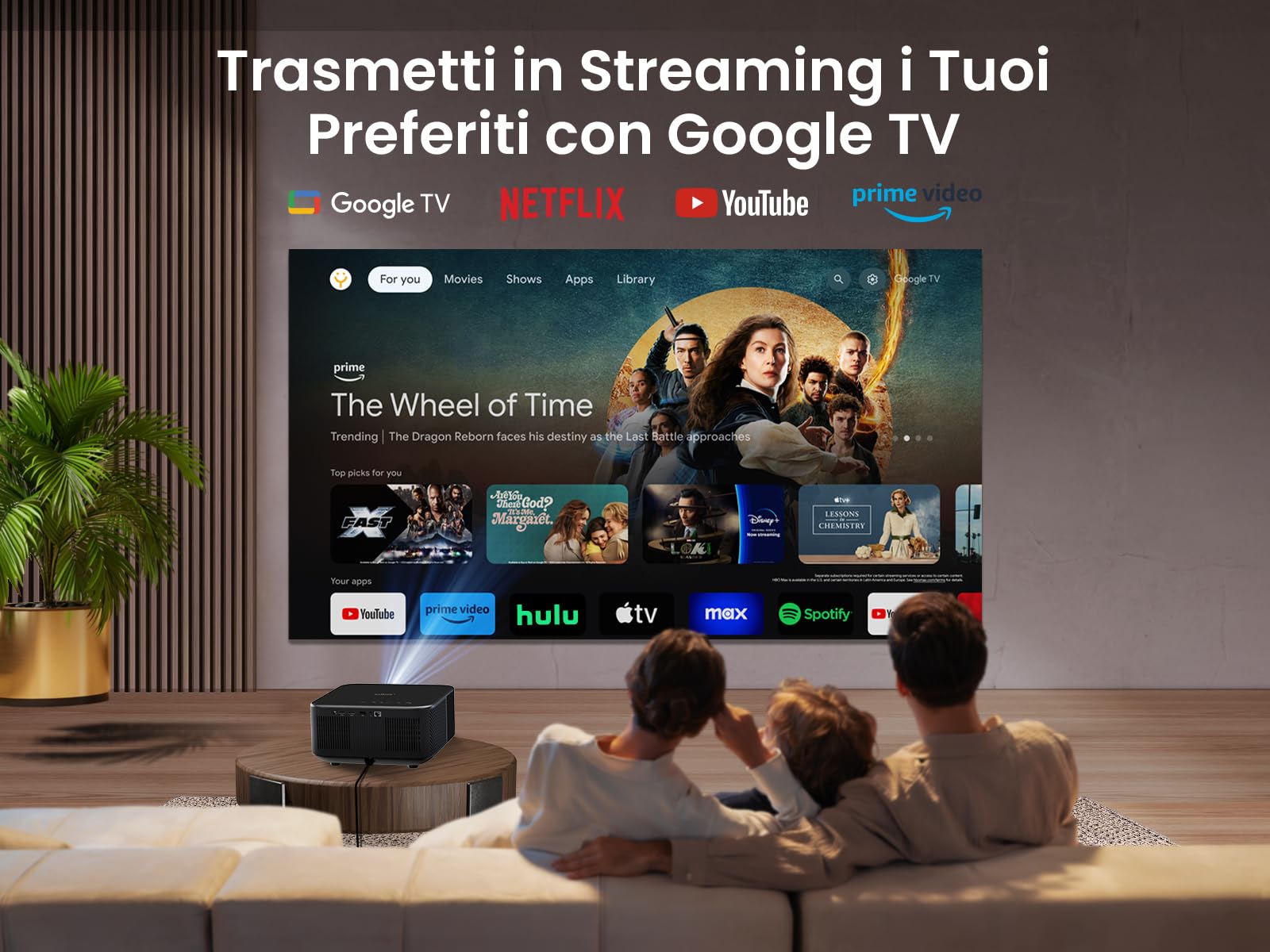Proiettore 【Google TV/Altoparlante JBL/Auto Focus/Keystone】, Yaber K3 Proiettore WiFi6 Bluetooth 5.2, Videoproiettore 1080P Nativo Full HD con Netflix 7000+ Apps