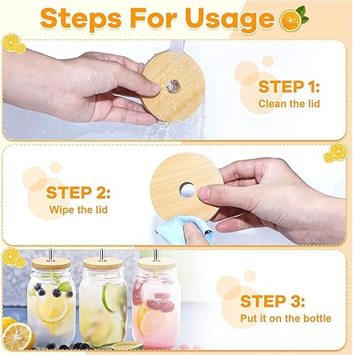 Miniatura 5 de LMIP Tapa de tarro Mason de 2.756in, tapa de tarro de bambú de 8 piezas con agujero para pajita y juego de tres piezas para botella de