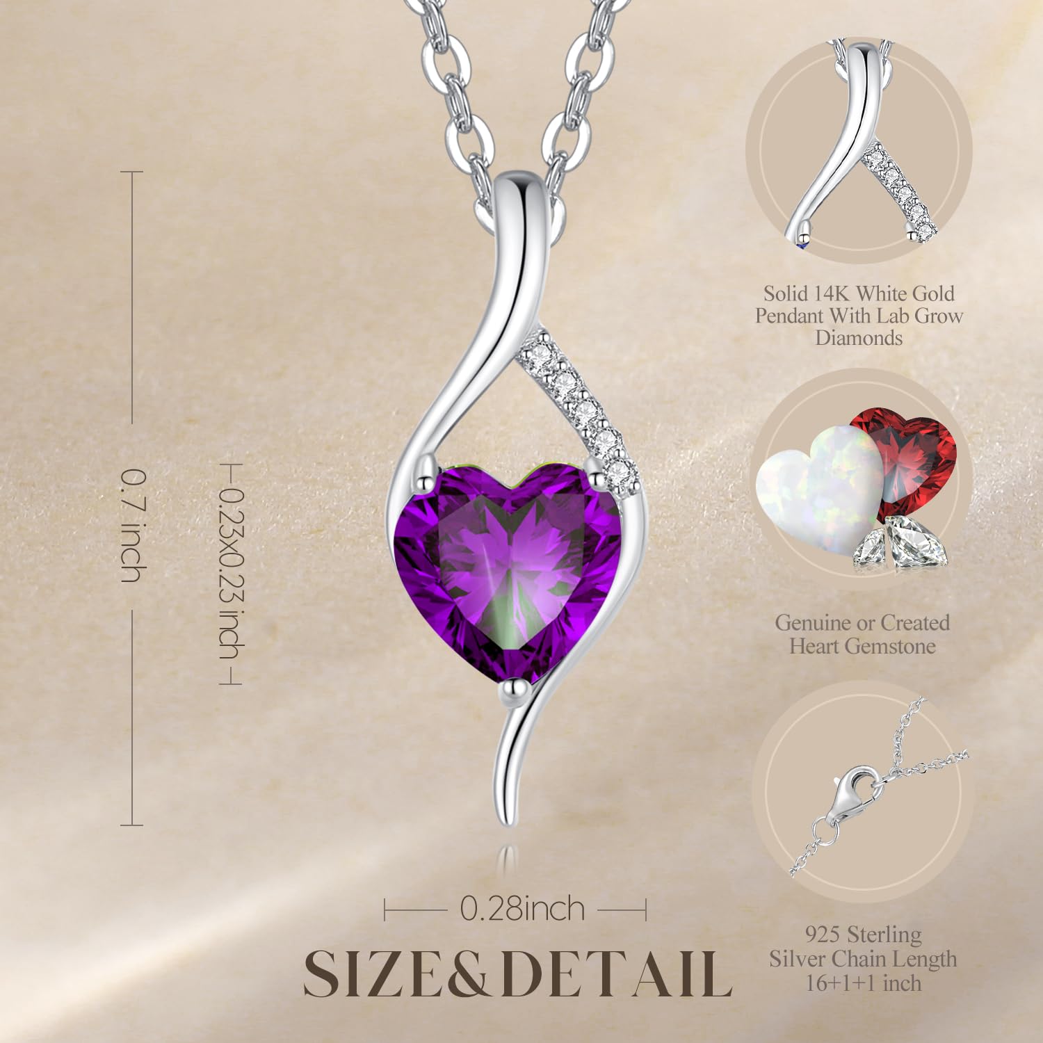 FANCIME 14K Solid White Gold Birthstone Necklace Genuine or Created 6mm Heart Gemstone Pendant with Lab Grow Diamonds Sterling Silver Chain Fine Jewelry Anniversary Birthday Gifts for Women 16" + 2"