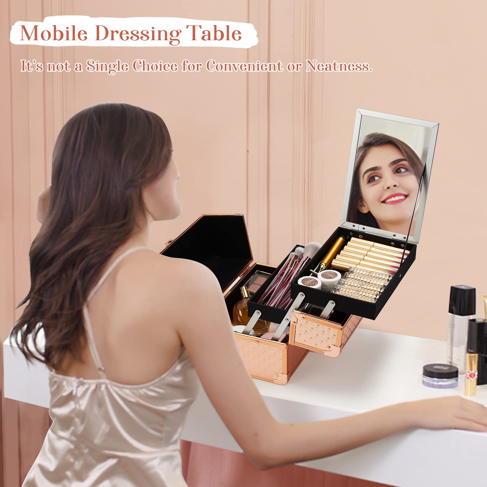 Joligrace Vanity Case - Scatola per trucchi e cosmetici, organizer per trucchi e gioielli, con specchio, chiudibile a chiave, Oro rosa, Classico