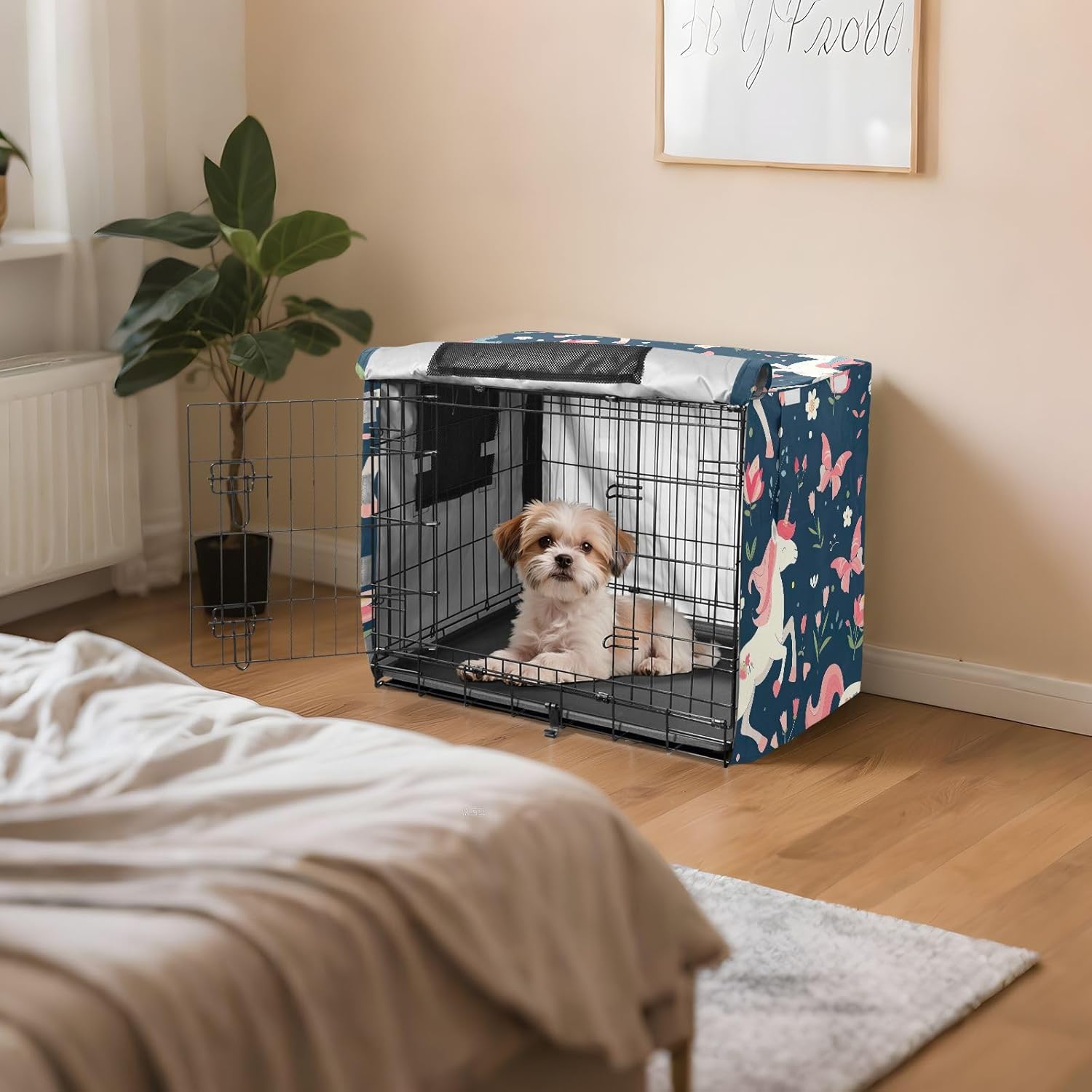 Unicorns Flowers Dog Crate Cover S-XL UV-Resistant Pet Crate Cover with Roll-up Sides, Reduces Barking, X-Large