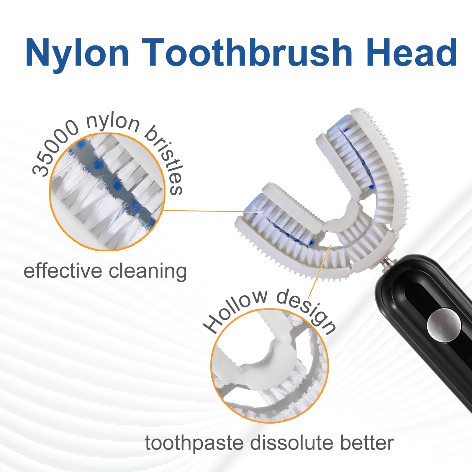 Spazzolino da denti a forma di U ad ultrasuoni per adulti, spazzolino elettrico per pulizia a 360 gradi con ricarica wireless, impermeabile IPX7, 3 modalità per sbiancamento dei denti (bianco