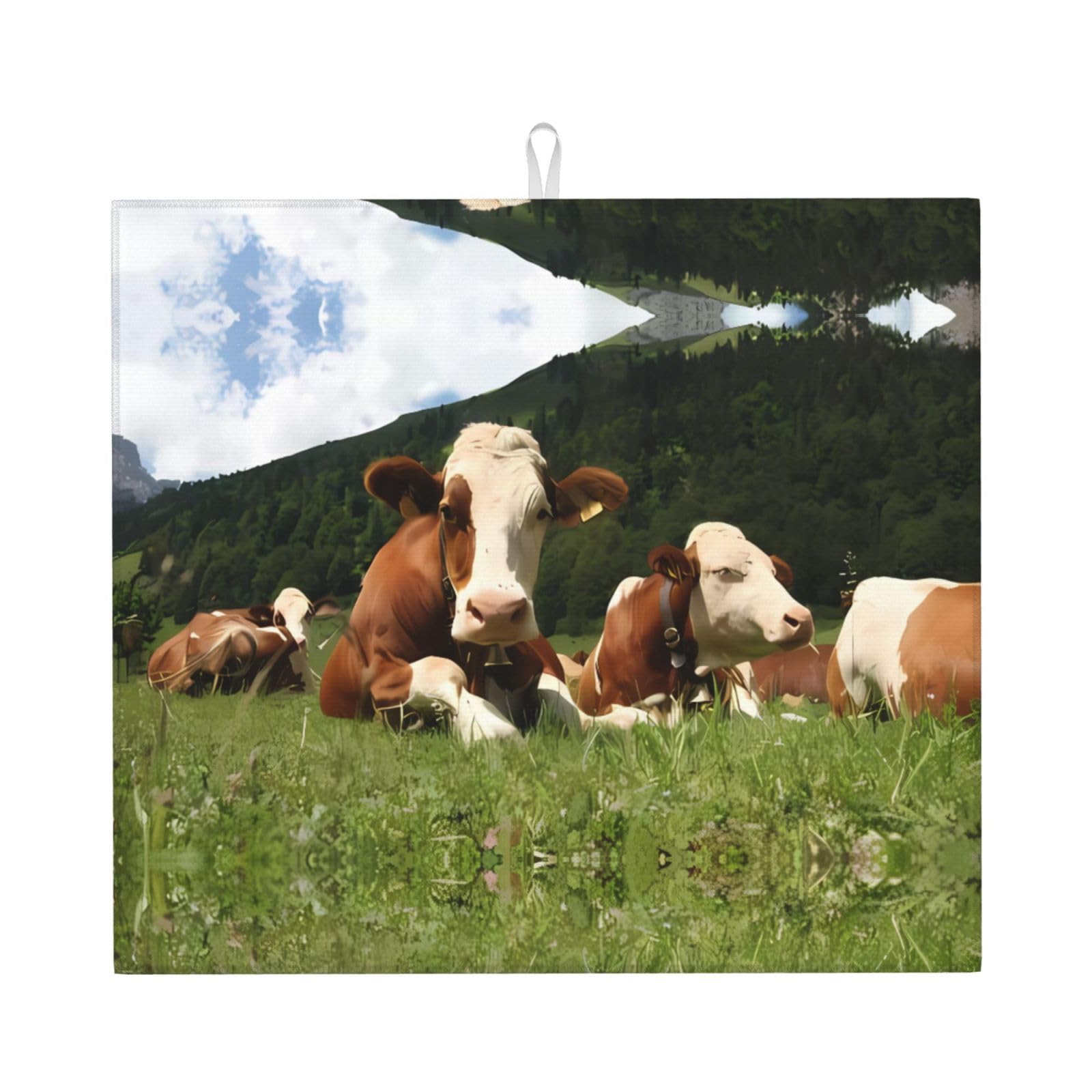 WHJSSF Cute Cows Relaxed On Grass Prints Kitchen Drying Mat – Absorbent Dish Throw for Countertops, Quick-Dry Non-Slip Layer with Stylish Prints, Ideal Housewarming Gift