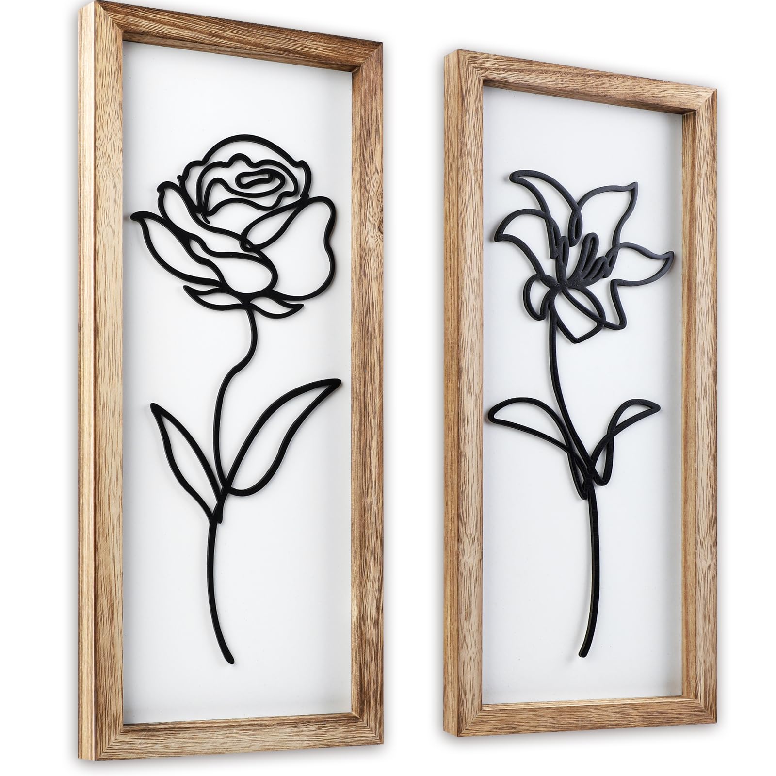 DETENE 2 Pieces 3D Boho Decor Wall Farmhouse Bohemian Wall Art Mid Century Floral Wood Wall Hangings 3D Line Floral Artwork for Bedrooms Living Rooms Home Kitchen Wall Decor