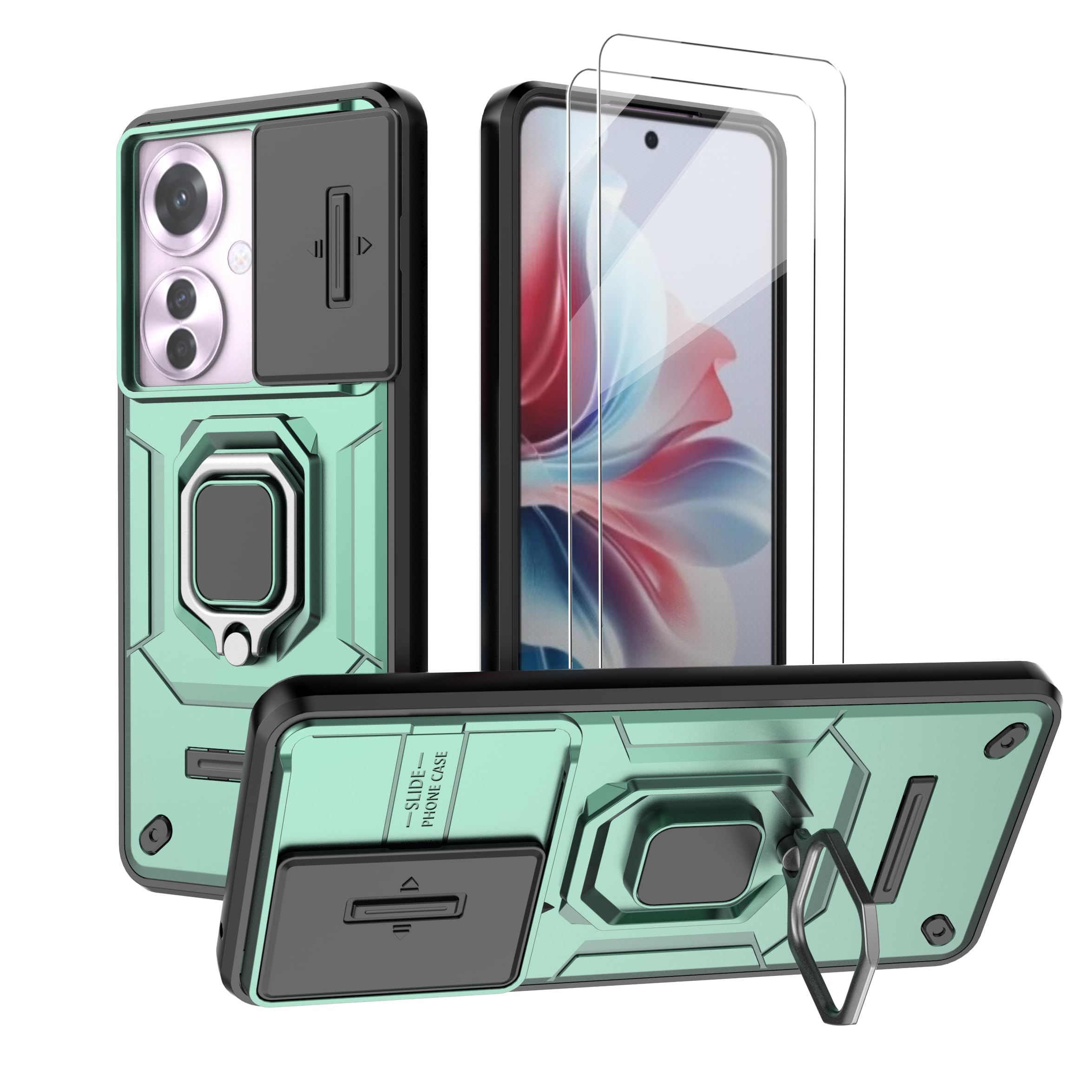 for OPPO Reno 11F 5G Case Cover with Screen Protector [2 PACK] Built Slide Camera Protection Cover,Military Heavy Duty Protective Phone Case - Green