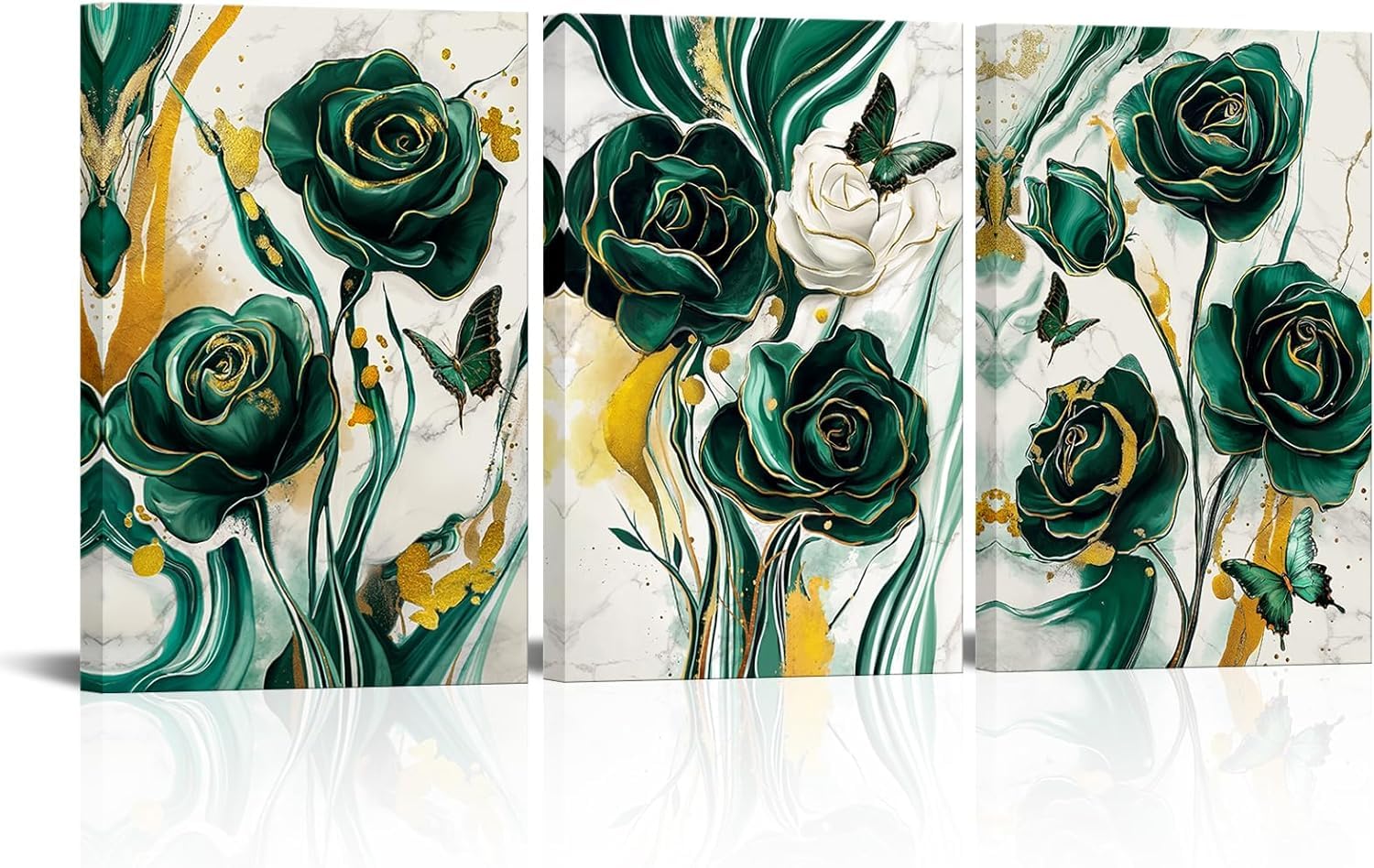 Lianyibo Frameless 3 Pcs Emerald Green Rose Flower Butterfly Canvas Wall Art Modern Green Gold Abstract Marble Pictures Prints Wall Decor(50X75x3/Frameless)