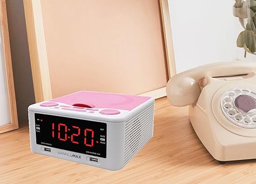 Miniatura 4 de HANNLOMAX HX-300CD Reproductor de CD de carga superior, radio FM PLL, reloj digital, pantalla LED roja de 1.2 pulgadas, alarma dual, puertos USB