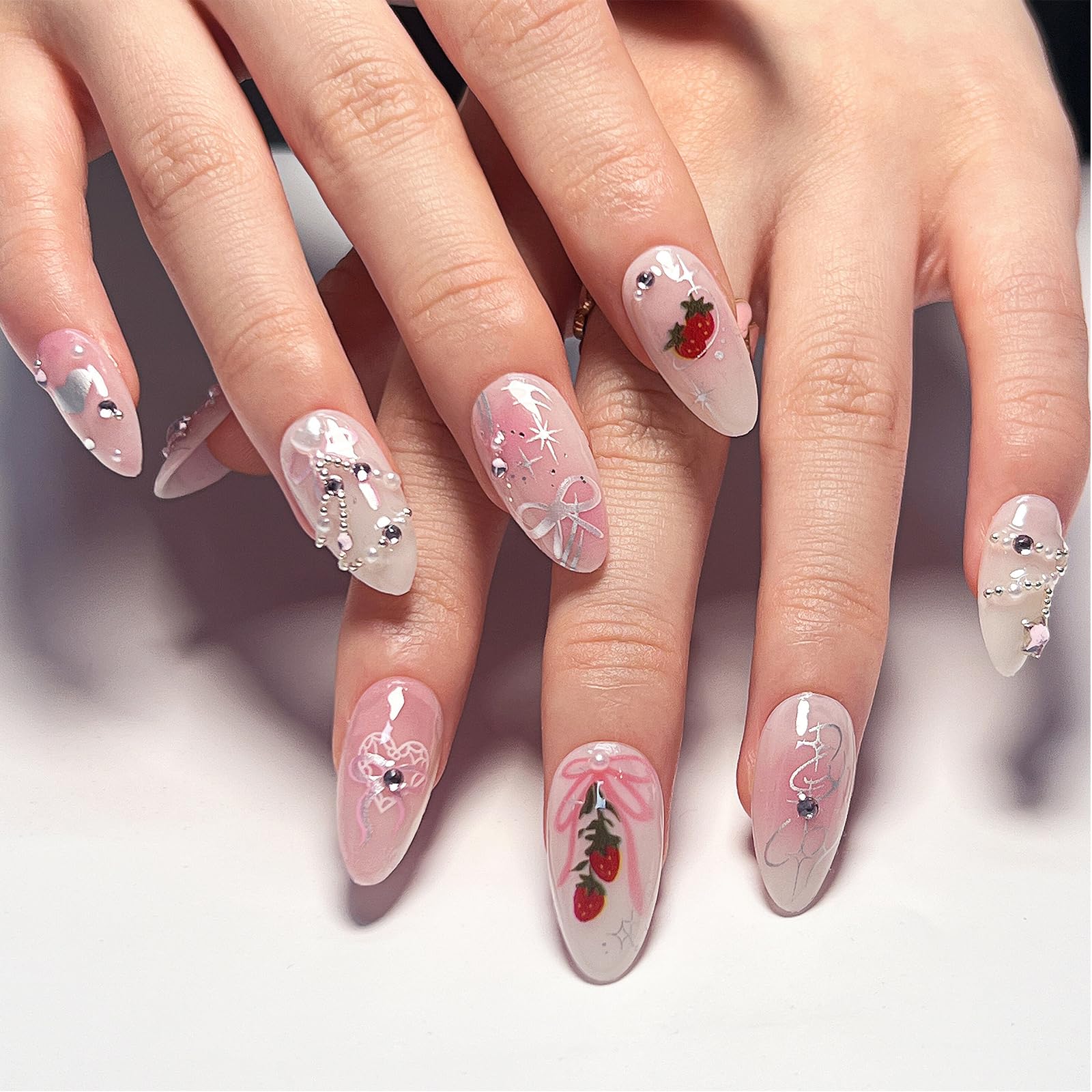 GlamRays 24 Pcs Pink Press on Nails Medium Almond Fake Nails with 3D Heart Pearl Design, Steel Ball, Bow, Star, Rhinestone, False Nails, White Ombre Strawberry, Sticker Nails - Image 3
