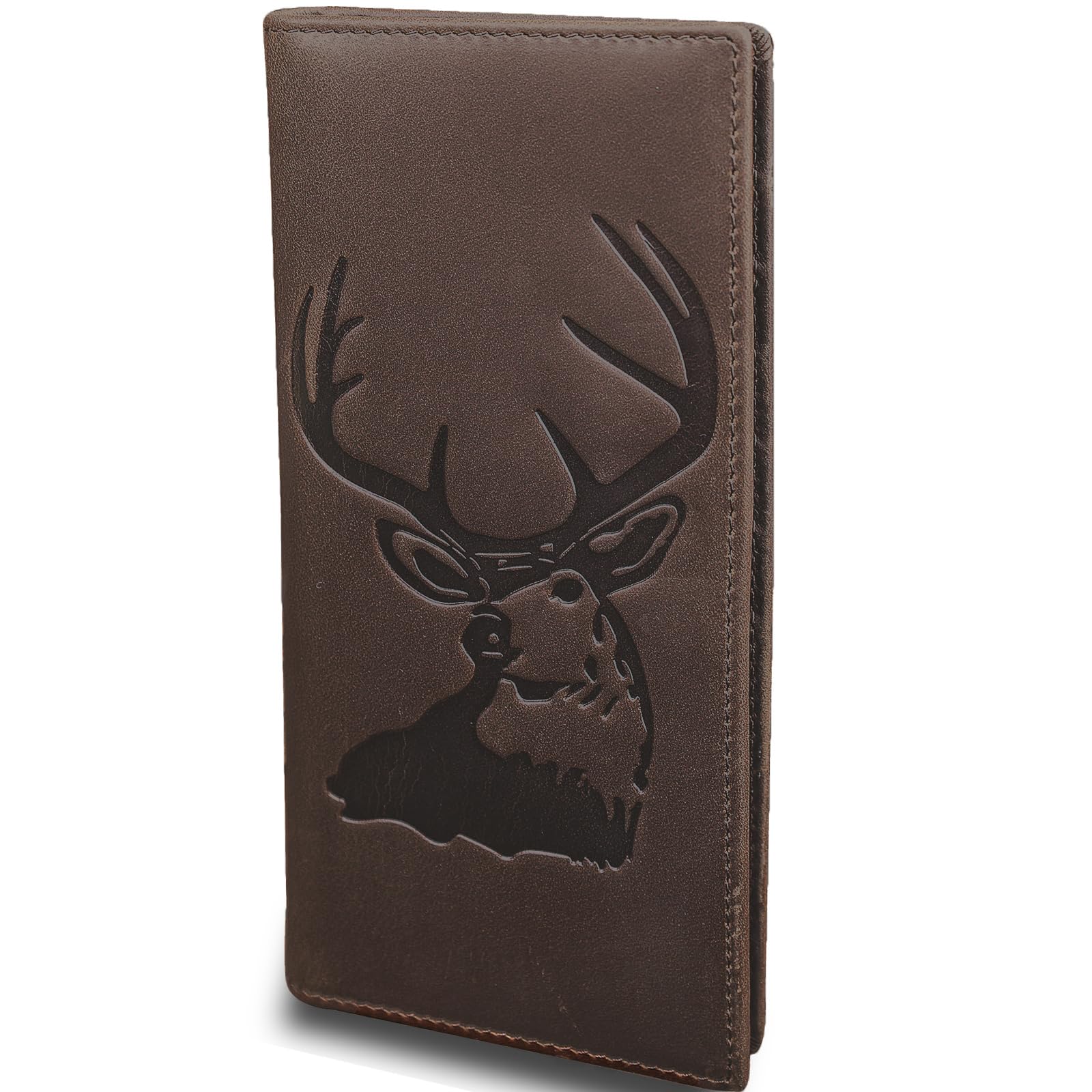 DK86 Deer Long Wallet For Men Full Grain Leather Rfid Blocking Rodeo Wallet Bifold Wallet Deer Wallet, Coffee vintage coffee with deer