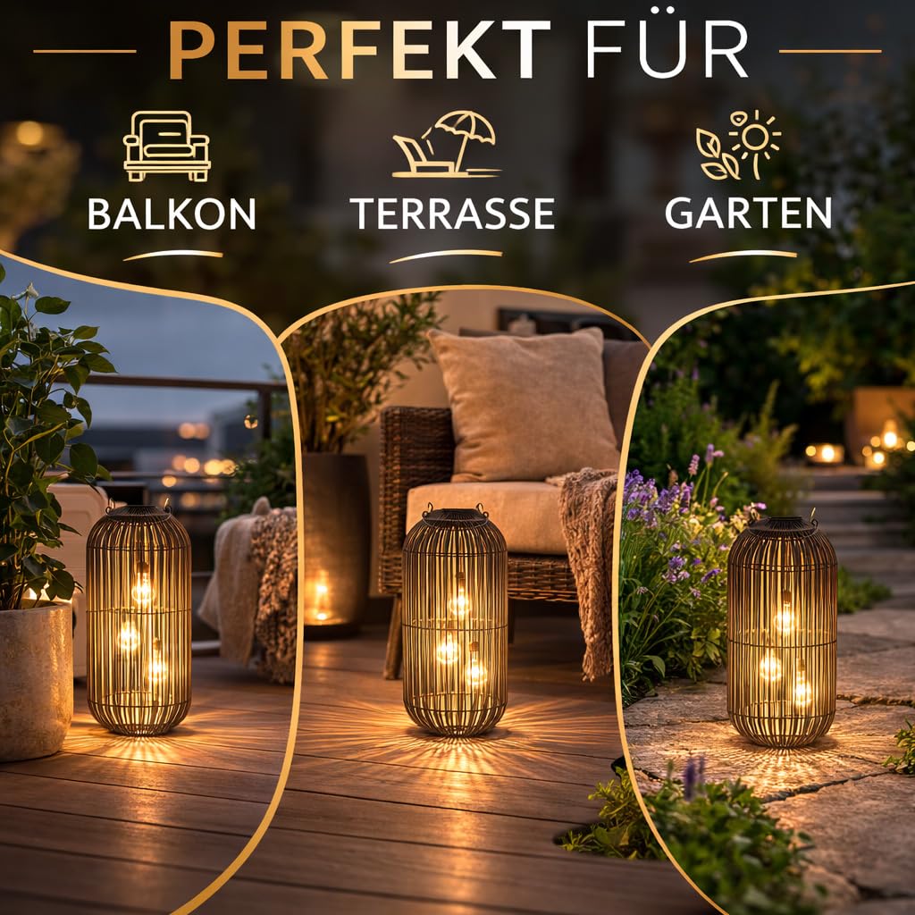 formano Solarlaterne Außen Garten Rattan Laterne 3 LED Birnen 60 cm Solarleuchte mit Dämmerungssensor, IP44 wetterfest, dekorative Solarlampe für Balkon Terrasse Outdoor Beleuchtung