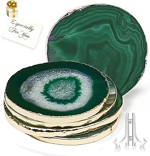 Green Agate Set of 4,Natural Geode Coasters with Agate Slices and Gold Rim - 4 x 3.5" - Gemstone Coasters for Drink and Home Decor