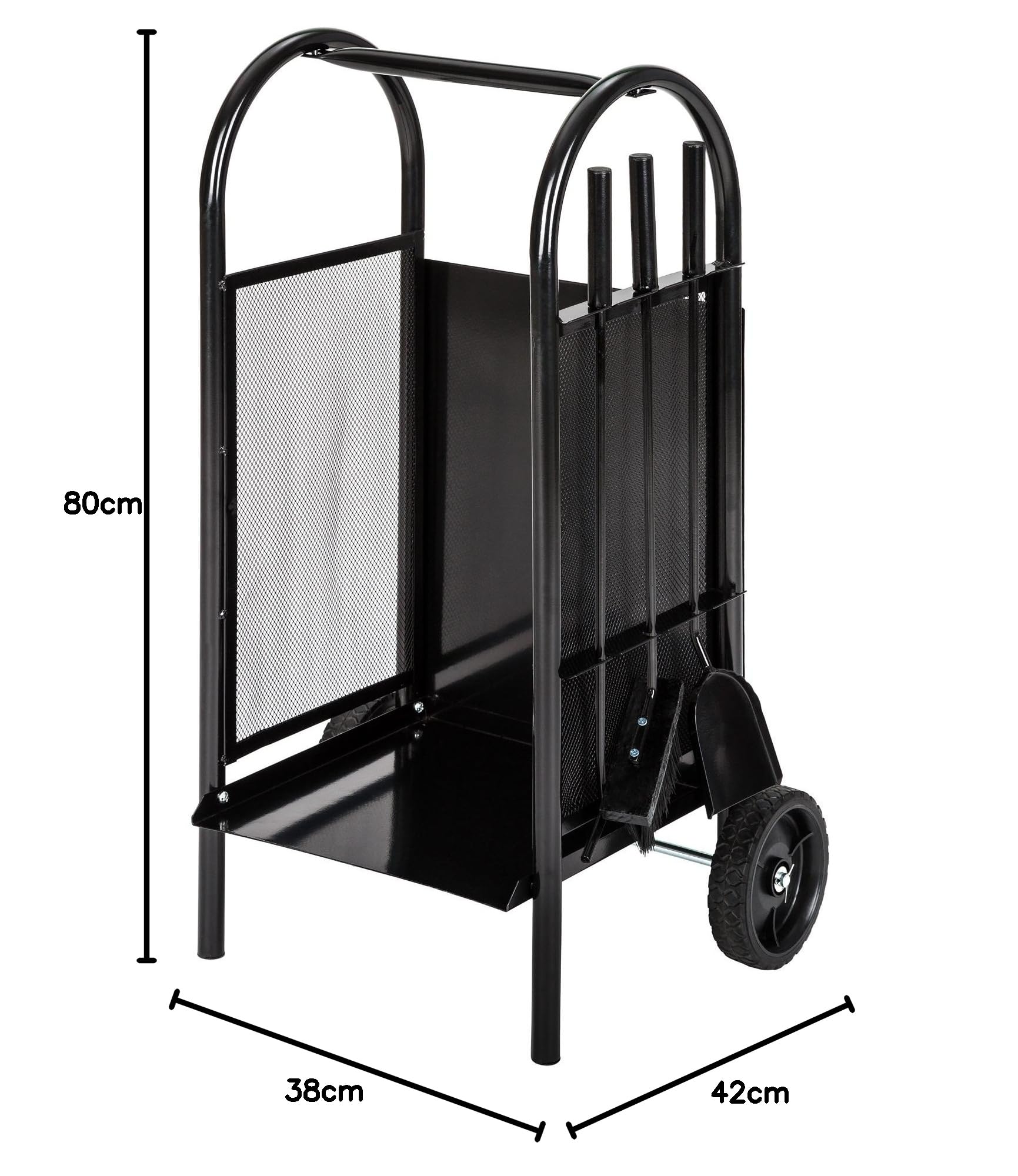 tectake® Carrello Portalegna con Ruote, Portalegna da interno con Struttura Stabile e Griglia, Attrezzi per Camino Inclusi (Paletta, Scopino, Attizzatoio), Design Elegante per Soggiorno - Nero