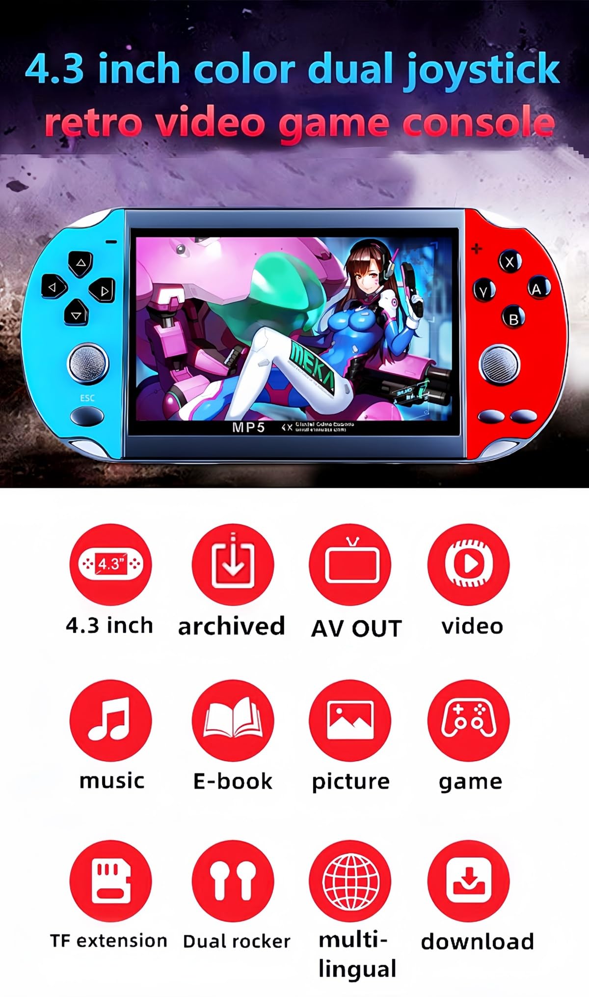HLF Console per videogiochi a colori, 10,9 cm, doppio joystick integrato, 3000 giochi retrò, supporto Arcade CPS/gba/gbc/gb/SFC/fc video/musica/e-book AV Out batteria ricaricabile al litio regalo per