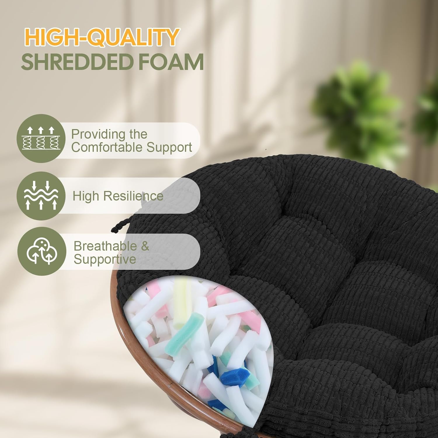 idee-home Papasan Chair Cushion, Circle Papasan Cushion Soft Corduroy (Without Chair) Replacement Indoor& Outdoor for Egg Bowl Chair, 48 X 48 Inch, Black