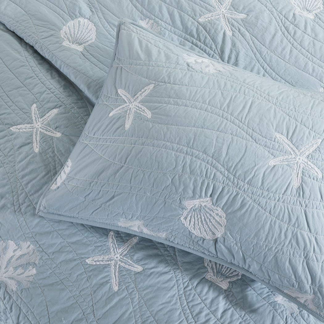 Aeiniwer 4 Piece Chic Grey Blue White Full Queen Coverlet Set, Beach Themed Bedding Seashell Starfish Stylish Trendy Modern Pretty Nautical Beach Seaside Coastal Cute Coral, CottonF