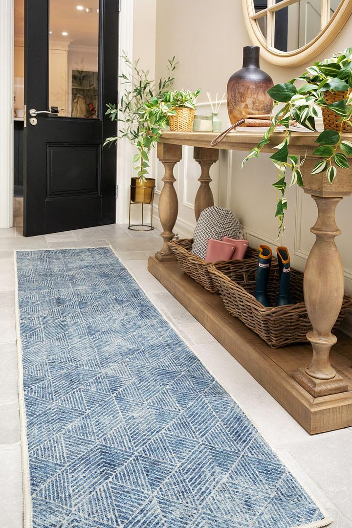 Machine Wash Deep Blue Cotton Large Runner Rug Minimalist Line Design Lightweight Pet Friendly Durable High Traffic Kitchen Bedroom Living Area Rug 80cm x 300cm (2ft 7" x 9ft 10")