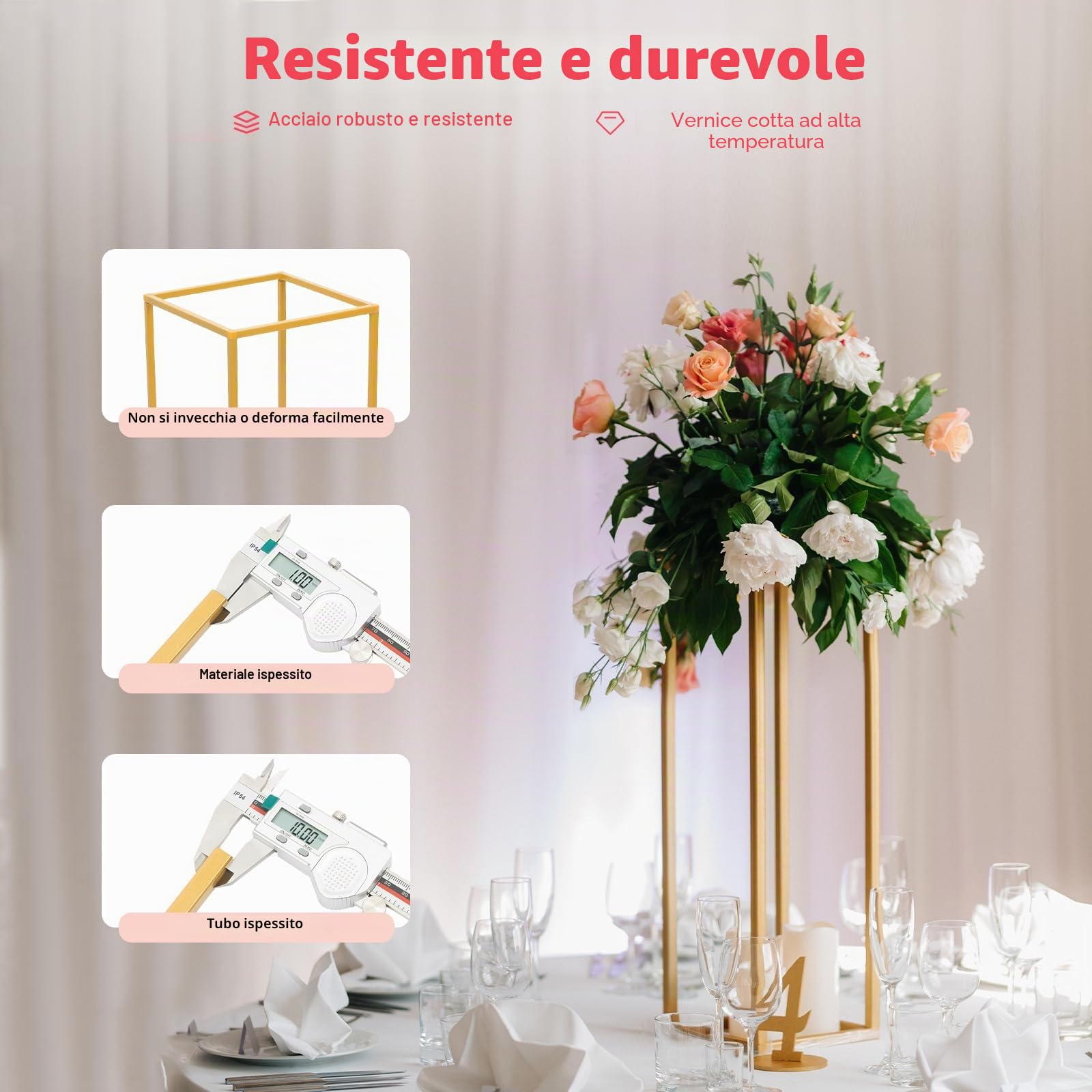 Set di 4 supporti per fiori angolari in oro - Supporti quadrati in metallo (40/60/80/100 cm) per matrimonio/decorazione - Acciaio con verniciatura ad alta temperatura, capacità di carico 10 kg per