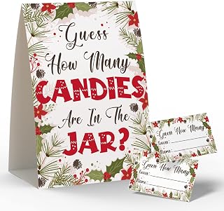 Christmas Party Games - Guess How Many Candies Are In The Jar, 1 Standing Sign + 50 Cards, Christmas Party ideas, Guess How Many Kisses Game, Christmas Party Games for Kids / CM007
