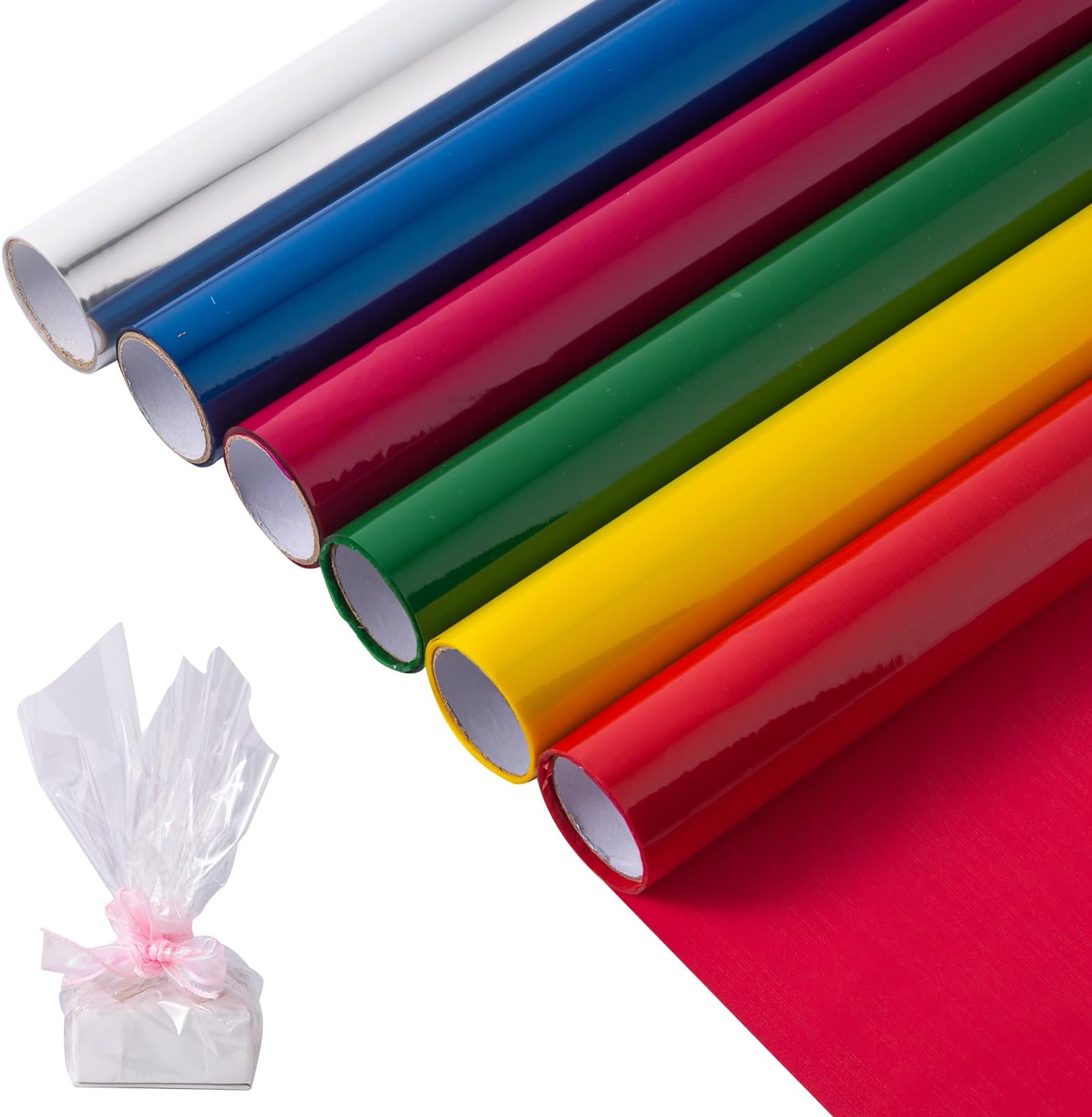 6rolls Cellophane Wrap Roll (20’ Ft. Long X 16’’ in. Wide) Colored Cellophane Rolls for Gift Wrapping, Contains Golden, Blue, Purple, Green, Red & Clear Cellophane Wrap Roll, 2.3 Mil Thick (17inch W x