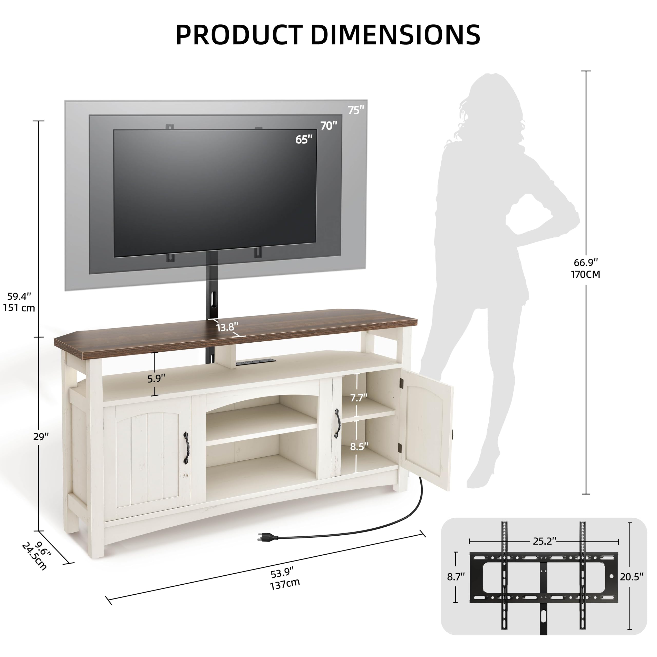 YITAHOME Farmhouse TV Stand for 75/70 Inch TV Entertainment Center with TV Mount, LED TV Stand for Living Room with Storage & Power Outlets, Walnut & Warm White