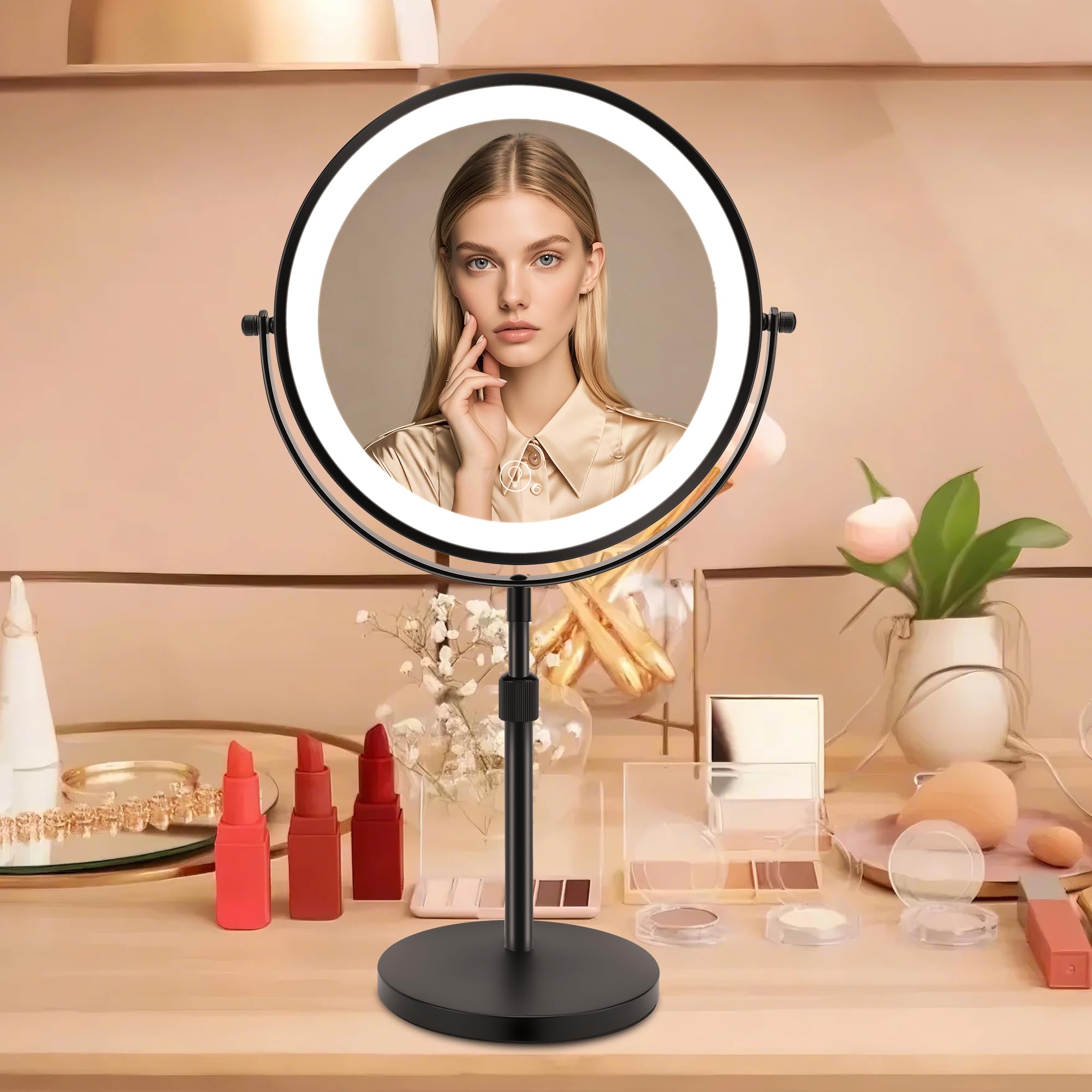 Espejo de Maquillaje de Doble Cara de Altura Ajustable con Luz, 3 Colores de Luz LED e Interruptor Táctil, para Cuidado Personal y Maquillaje (10X)