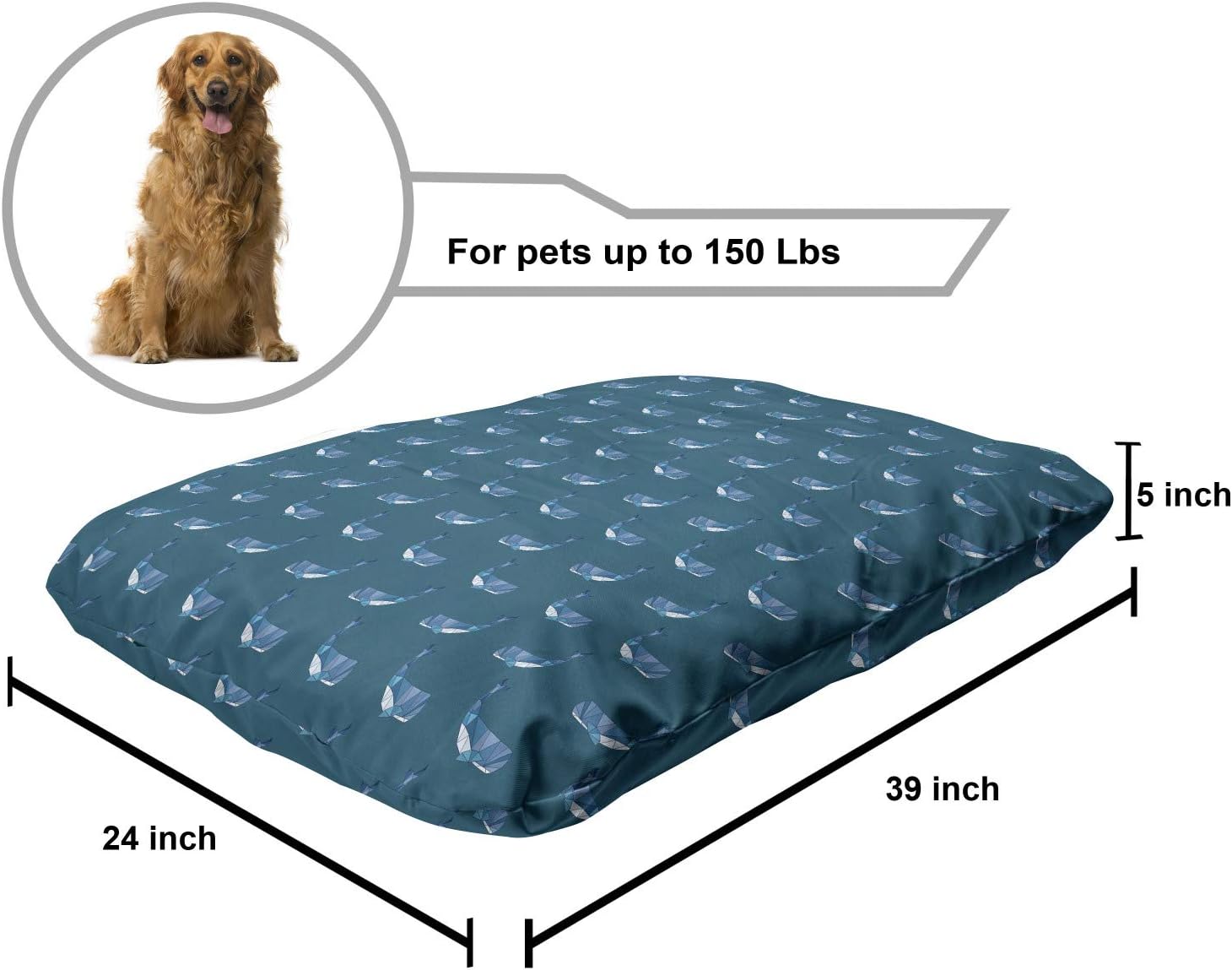 review Lunarable Whales Pet Bed, Polygonal Big Mammal Swimming in Sea Ocean Motifs on Dark Tone Backdrop, Chew Resistant Pad for Dogs and Cats Cushion with Removable Cover, 24
