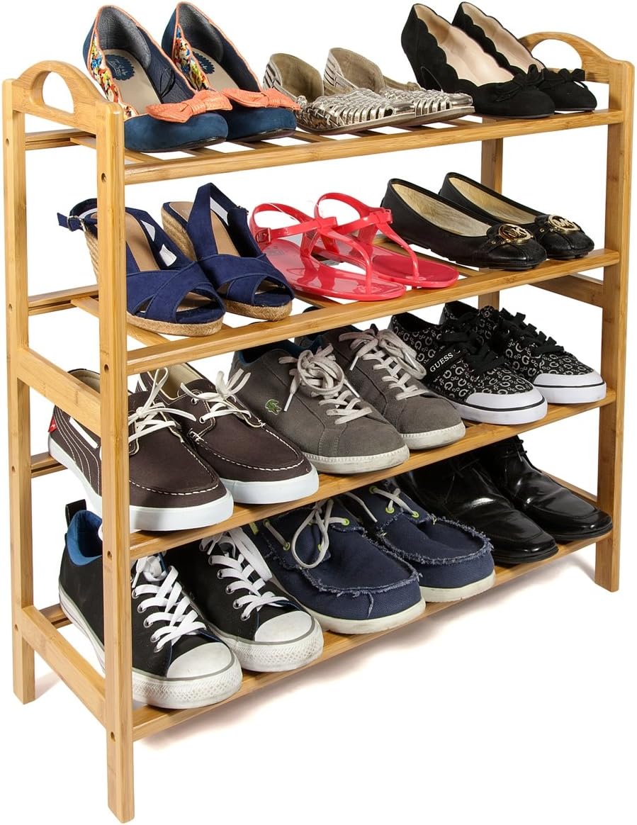 Woodluv 4 Tier Natural Bamboo Wooden Shoe Rack Storage Organizer, Black and White, 70 x 26 x 69 Centimeters