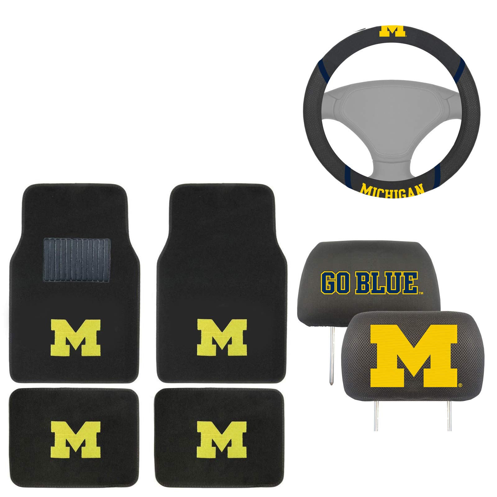 AAC FANMATS NCAA Carpet Floor Mats Bundle with Head Rests and Steering Wheel Cover for Michigan Wolverines Fans Officially Licensed(7 Items)