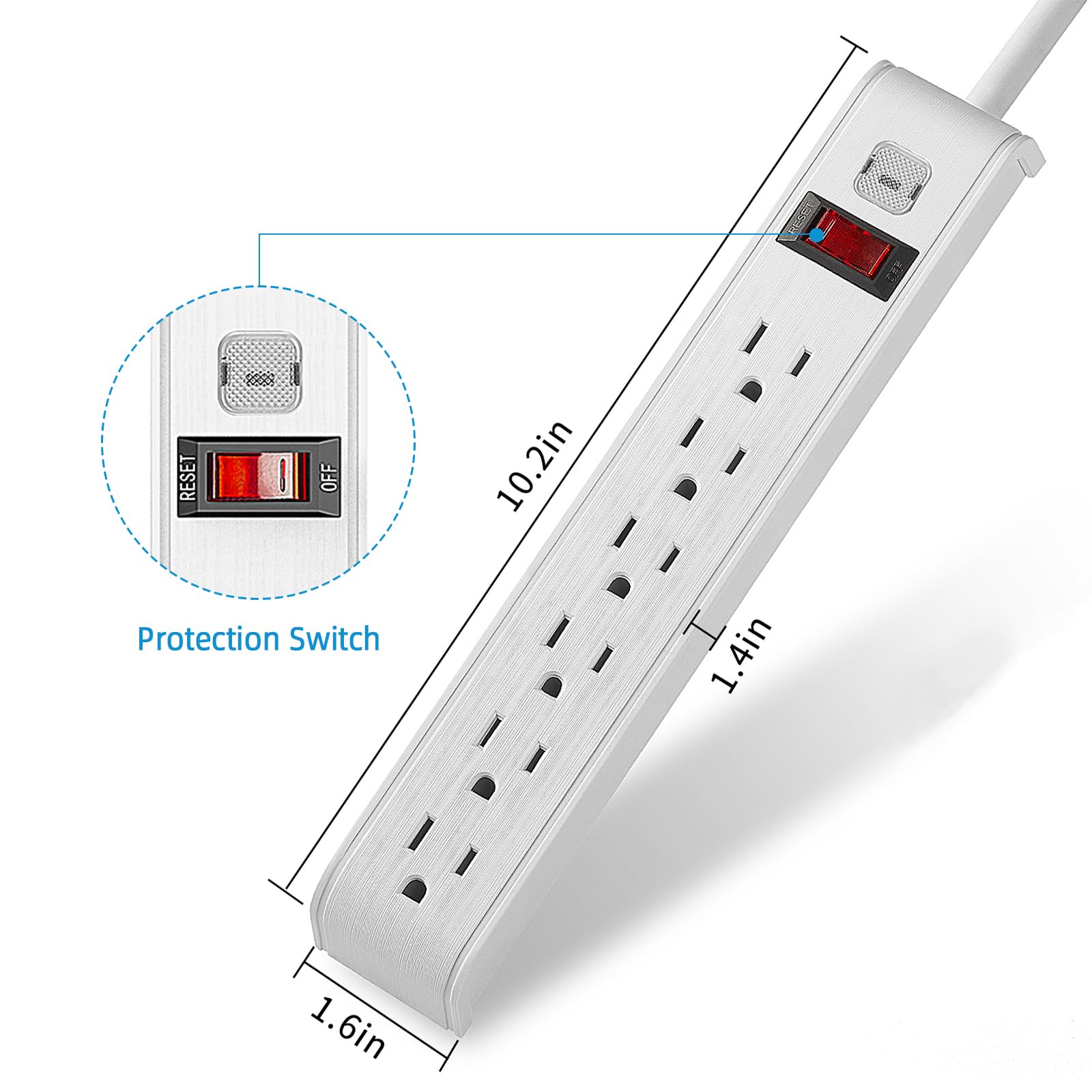 TiFFCOFiO - Tira de protección contra sobretensiones, cable de extensión de 4 pies, protección contra sobretensiones de 600 julios, protección múltiple, tira de 6 tomas, certificación ETL, color