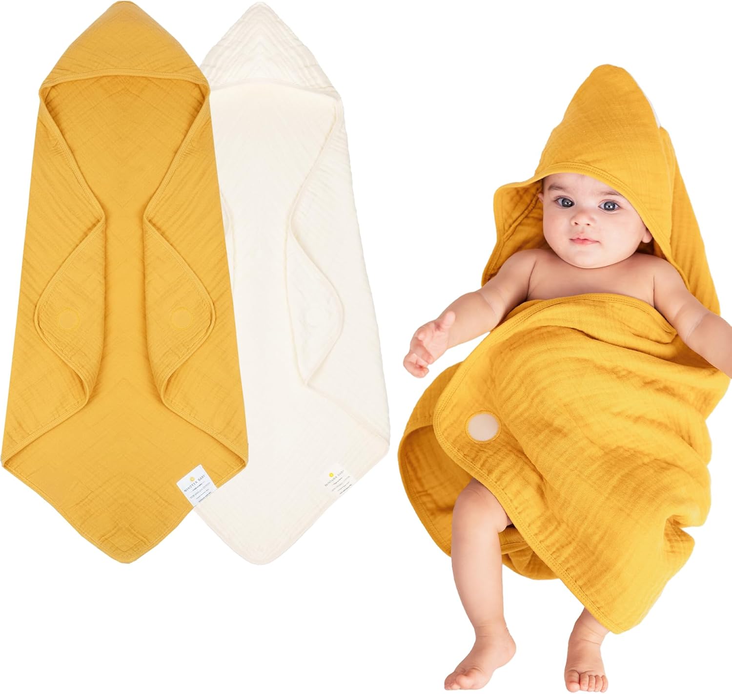 Hands-Free Hooded Towel - 100% Organic Premium Muslin Cotton, 30" x 30", Ultra-Absorbent, Soft, Breathable, Hypoallergenic, Multipurpose, Gifts for Babies & Infants, Pack of 2