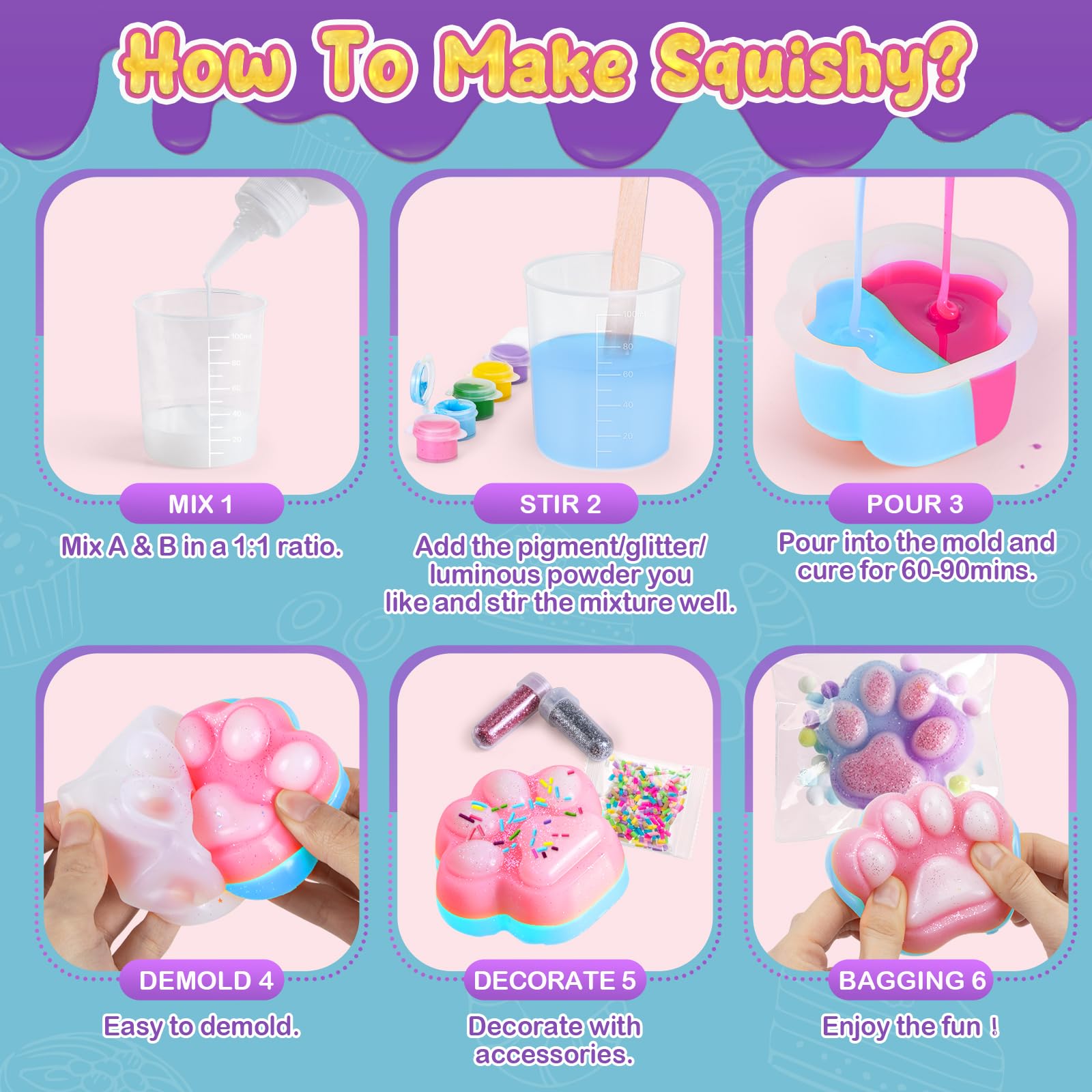 Highttoy Zestaw do tworzenia świecących w ciemności Duży Zabawek Squishy, 480ml 1:1 płynny silikon AB mieszany w stosunku 1:1 gumowe zabawki squishy z 9 foremkami i akcesoriami