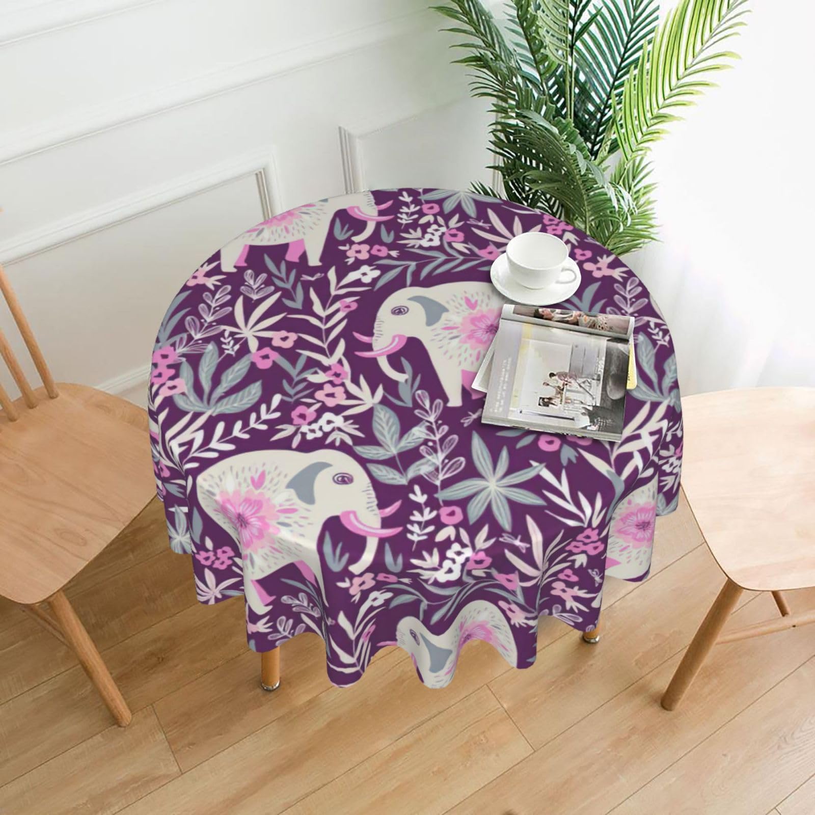 Uusnwaa Flower-Elephant Print Round Tablecloth 60 Inch, Stain Wrinkle Resistant Washable Polyester Table Cover For Kitchen Party