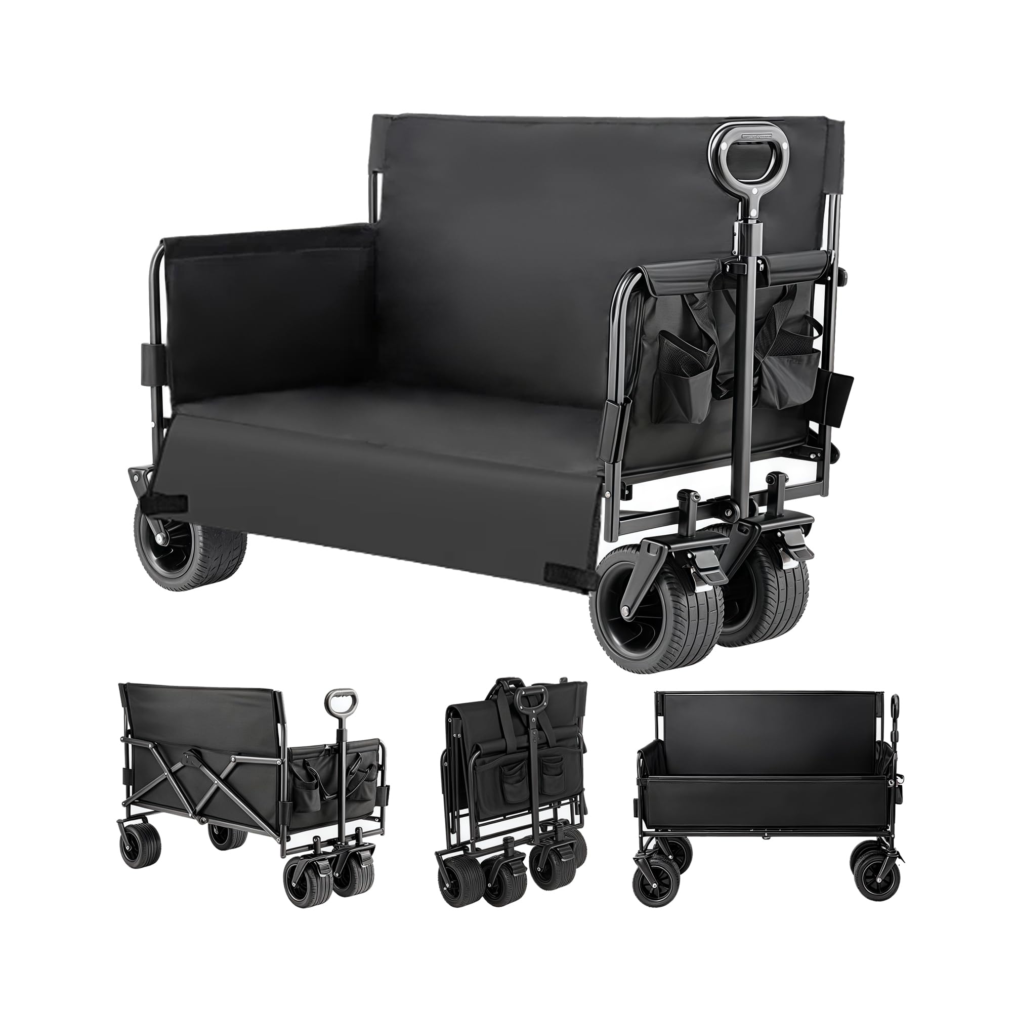 Bollerwagen Strand Handwagen, Faltbar Gartenwagen, es kann auch zum Einkaufen die Sich an alle Gelände anpassen können, Camping, Angeln usw, Ausgestattet mit Tankrädern (LY008-BLACK-J)