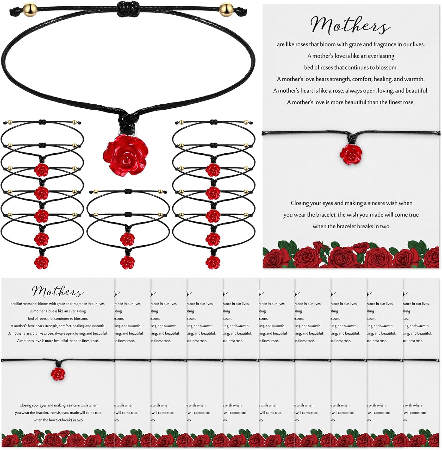 Tondiamo Mother's Day Adjustable Red Rose Flower Bracelets with Wish Postcards Rose Jewelry Gifts for Mom Birthday