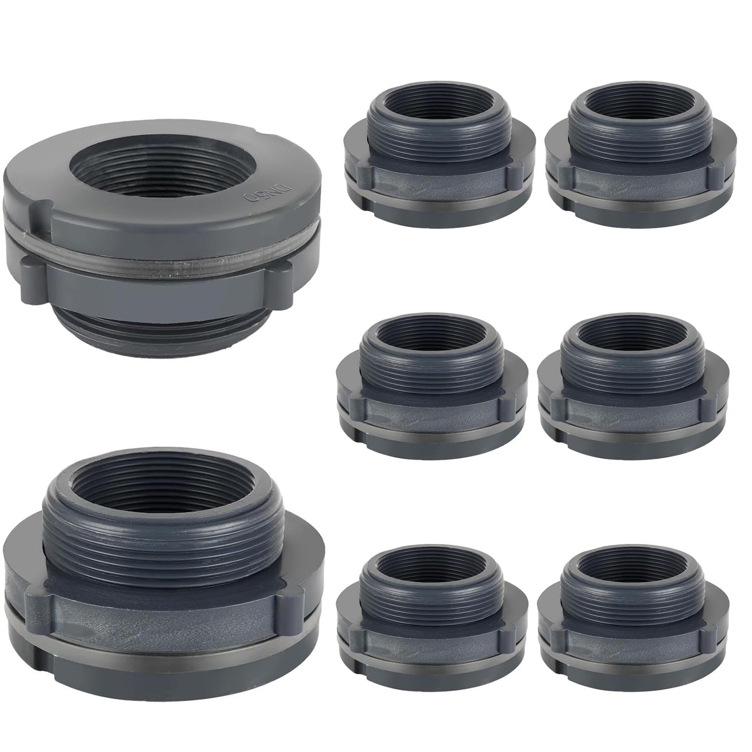 Photo 1 of 8PCS Bulkhead Fitting 2 inch Double Threaded Bulkhead Water Tank Connector PVC Bulkheads Fitting Threaded Thru-Bulk Pipe Fittings for Rain Barrels, Aquariums, Ponds, Water Tanks